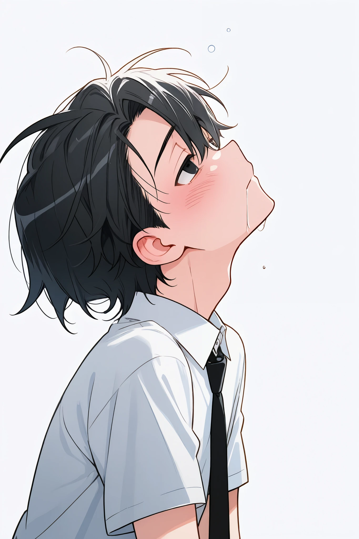 kyosuke_kousaka,1 male,solo,
white background,
look up,upper body,from side,
Black hair,male focus,
black eyes,beautiful eyes,slant eyes,
sleepy eyes,no eyelashes,
white shirts (1.3),
short sleeves,tie,black tie,
expressionless,
blushing,drooling,tearful eyes,
perfect face,beautiful skin,
anatomically correct,Highest quality,
masterpiece,high image quality