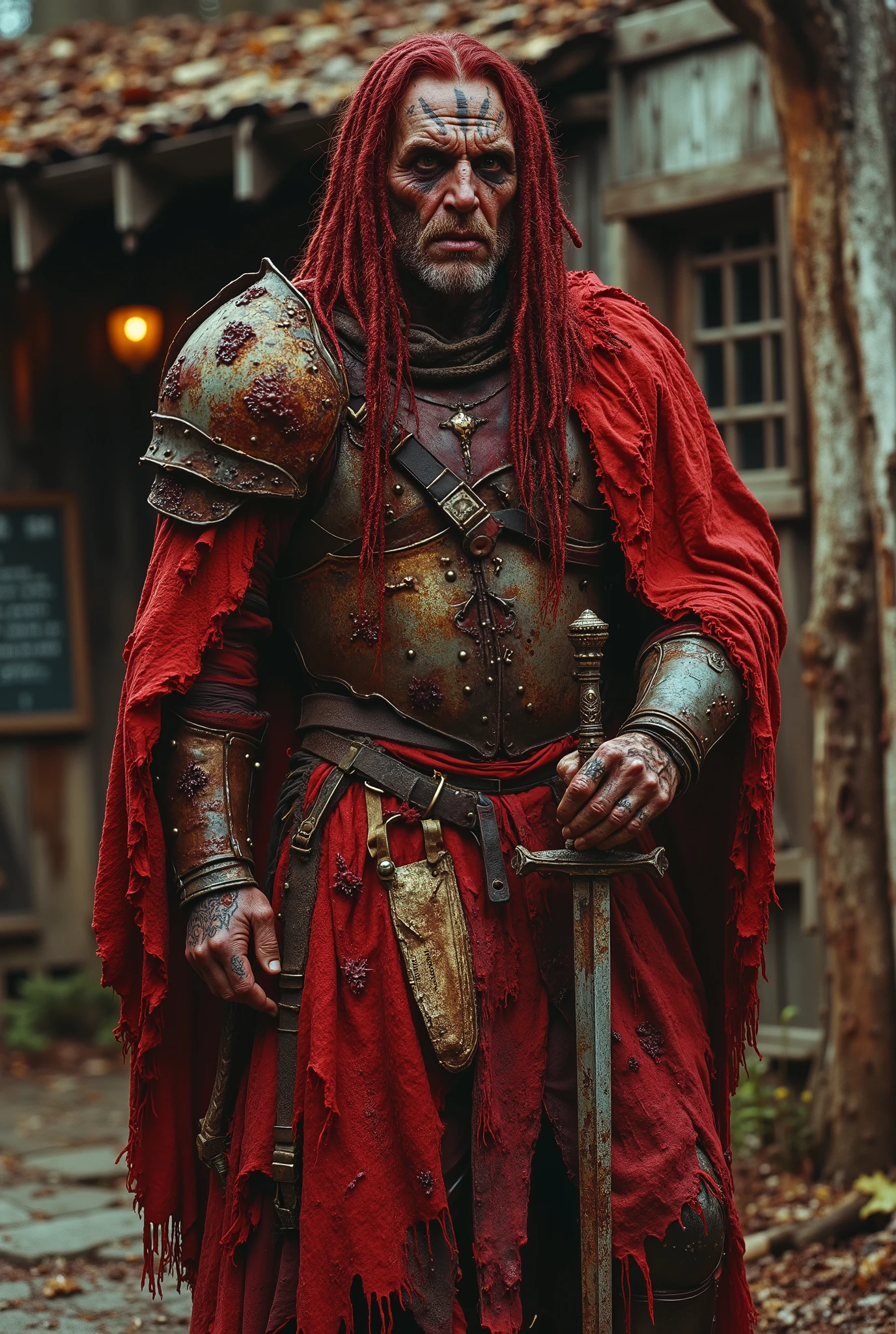 A creepy medieval bandit leader dressed in red rotten leather and rusted plate metal armor. His face is very tattooed and badly scarred and gaunt. He has red bloody dreadlocks. His arms and fingers are very long and his has very long thin legs are very long and thin and tattooed. He has a serrated sword at his side. He looks like an angry creepy sexfiend. He has Nurgle Infection. He stands in front of a tavern outside the tavern his gang of bandits sit drinking.