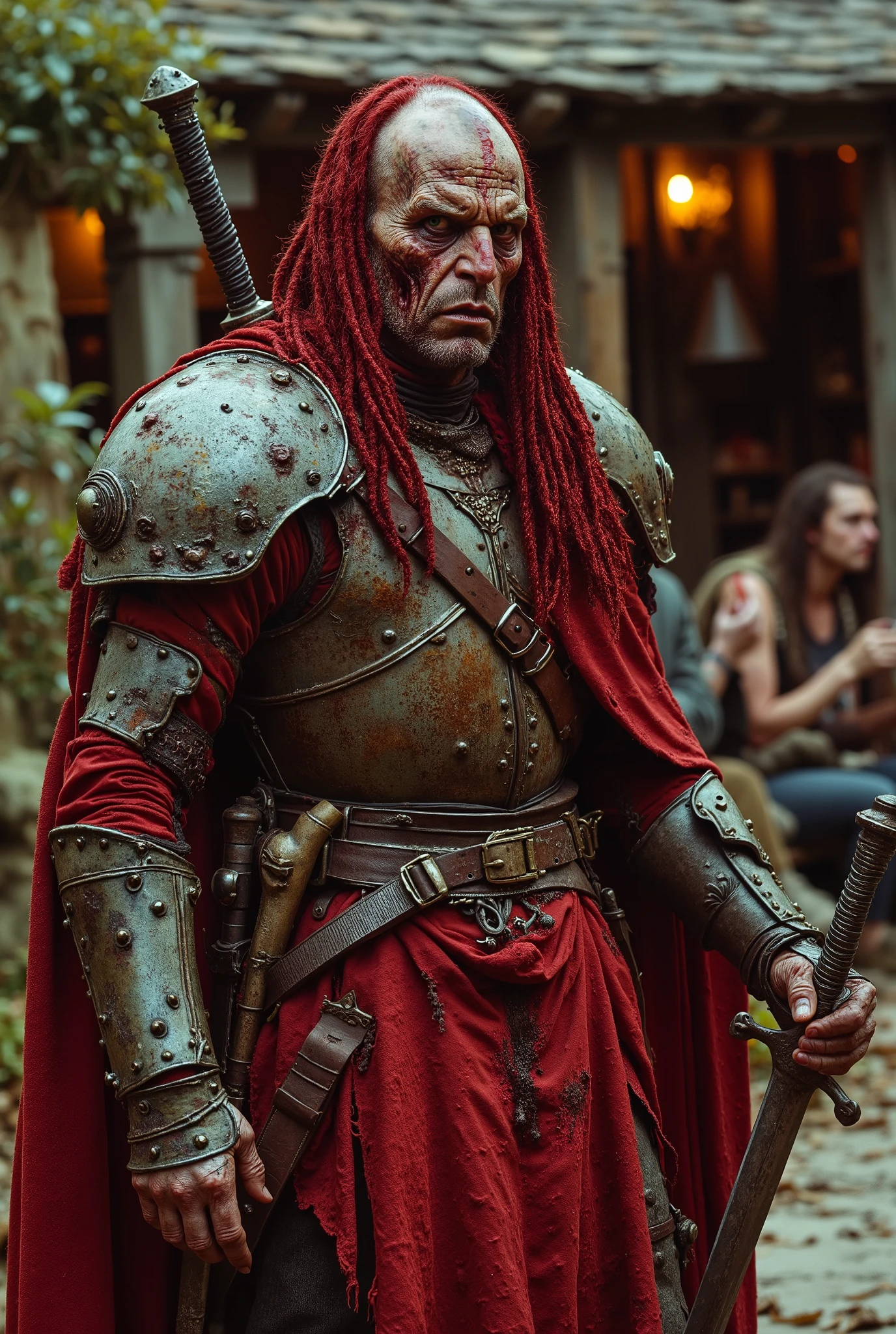 A creepy medieval bandit leader dressed in red rotten leather and rusted plate metal armor. His face is very tattooed and badly scarred and gaunt. He has red bloody dreadlocks. His arms and fingers are very long and his has very long thin legs are very long and thin and tattooed. He has a serrated sword at his side. He looks like an angry creepy sexfiend. He has Nurgle Infection. He stands in front of a tavern outside the tavern his gang of bandits sit drinking.