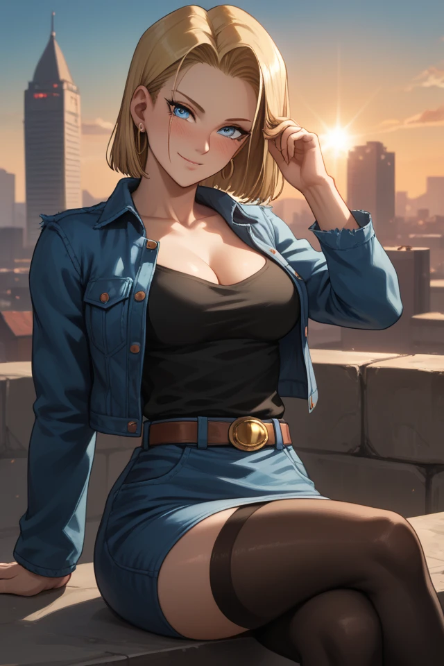 android 18, android 18, blonde hair, blue eyes, eyelash, hoop earrings, short hair, earrings, break belt, black legwear, black shirt, breast pocket, cleavage, clavicle, denim, denim skirt, high-waist skirt, jewelry, long sleeve, pocket, shirt, shirt tucked in, skirt, striped, striped sleeves, waistcoat,, break outdoors, city, null, cloud, sun, break looking at viewer, (cowboy shot:1.5), break (masterpiece:1.2), highest quality, High resolution, unity 8k wallpaper, (shape:0.8), (beautiful and detailed eyes:1.6), highly detailed face, perfect lighting, Very detailed CG, (perfect hands, perfect anatomy)