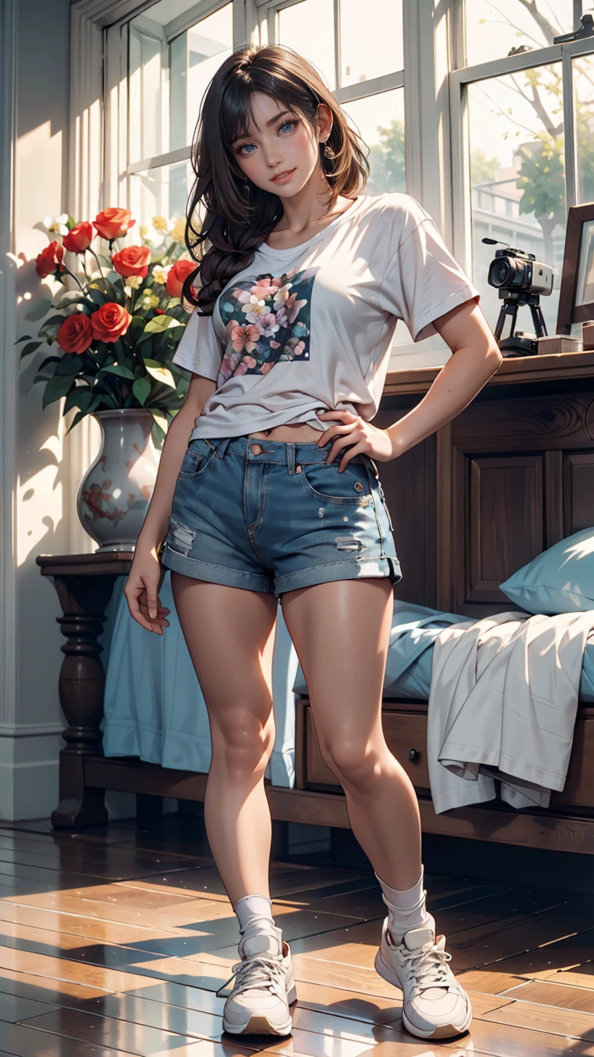 masterpiece, Young and beautiful girl, smile, Looking into the camera, Standing in front of a group of roses, Wearing shorts and a T-shirt, White sneakers. Wear a top and shorts, Flowers, Full body photo, Casual pose, Thin legs