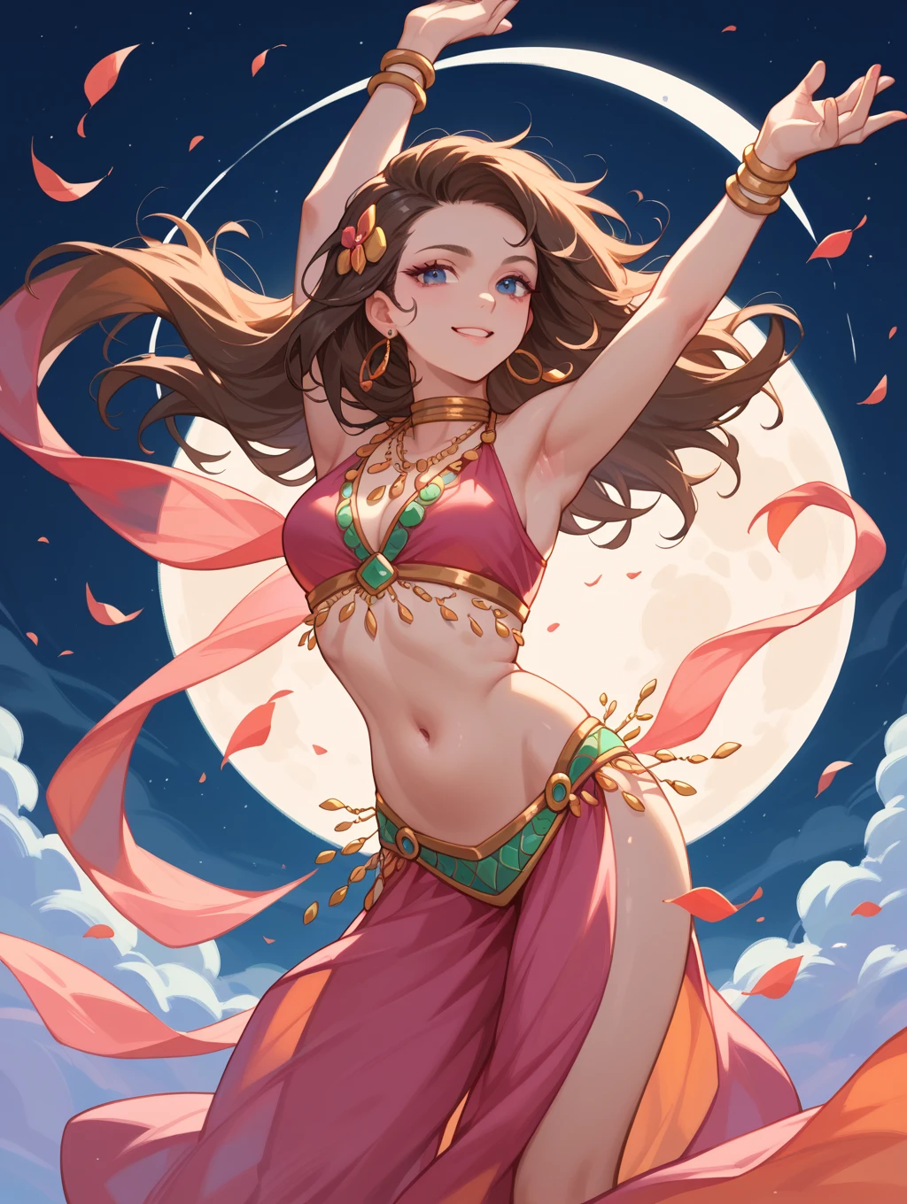 She is a brown skinned girl with sparkly brown hair and eyes. She wears pink pearl headchains, pink earrings, a pink bracelet with a gem on it, a pink top with a yellow gem on it, pink and yellow shorts and yellow sandals.
Her bottle is yellow with a pink cap on it. SPARKLE; GLITTER