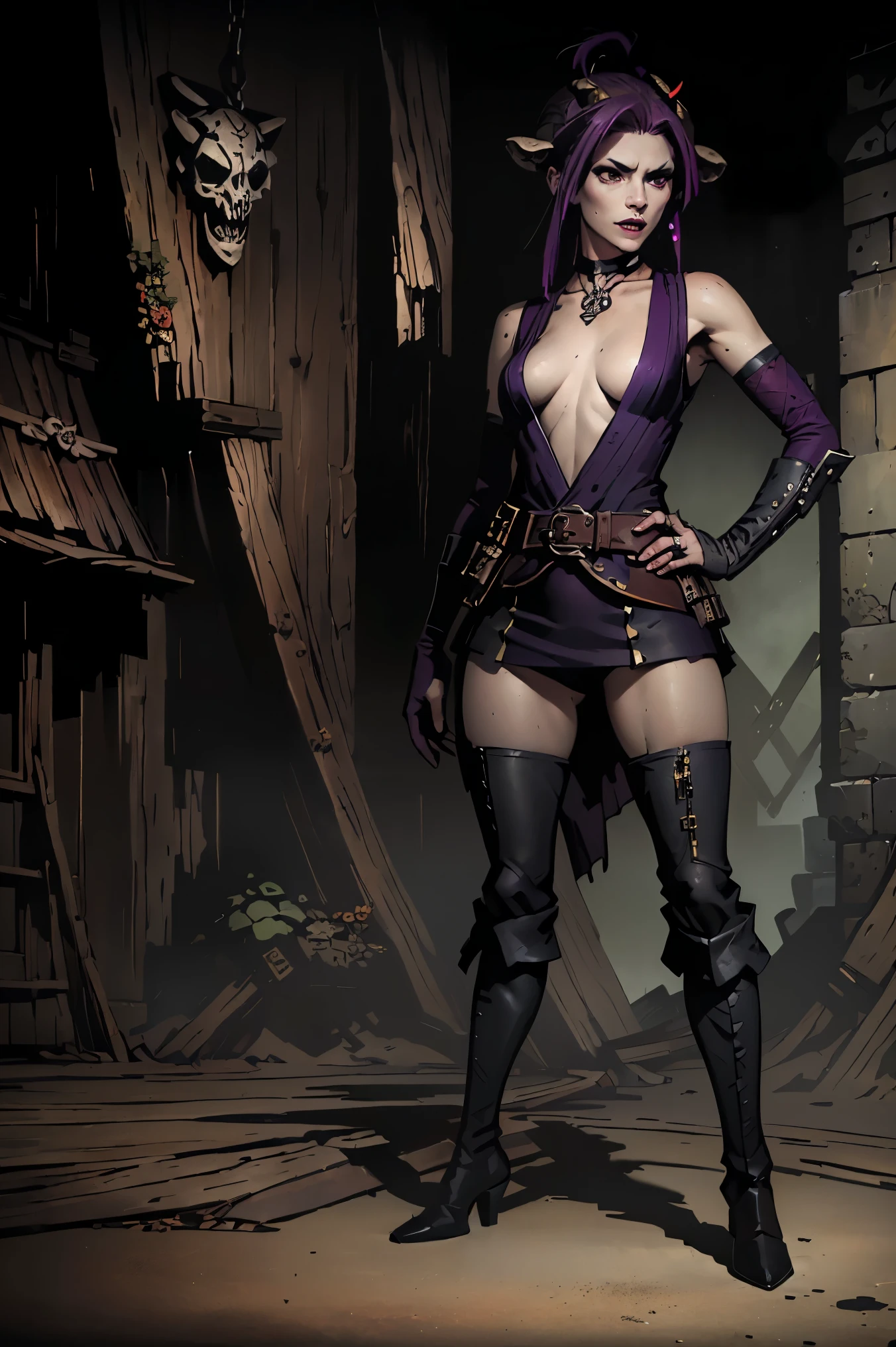 1girll,Gorgeous Hair in Long Purple,Purple one-piece skinny leather coat,Tattooed with,There is a red ribbon around the waist,Purple boots,The thigh has leg rings,There is a katana in the left hand,The right hand has a purple energy glow,Hands full breasts, Convex buttocks, city ruins,holy rays,A desert,Detailed background, Clothing details, perfectly proportioned, filmgrain, Fuji colors, lightand shade contrast, tmasterpiece, high detal, high qulity, A high resolution, Cinematic lighting, 8K, Textured skin, Super detail
