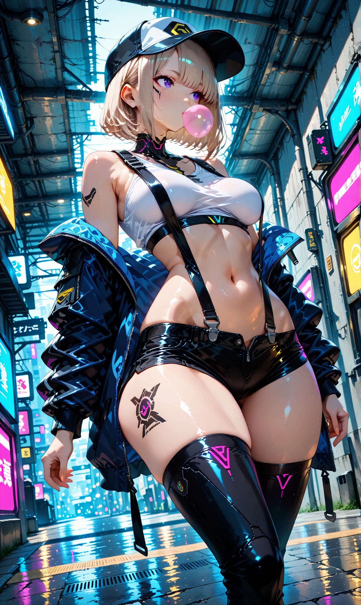 Chica spacepunk,(((1girl))),((Beautiful girl with bright and luminous cat ears)),

 Emilia re:zero, purple eyes, Emilia, crown braid, x hair ornament, flower hair ornament, white hair, long hair, medium breasts,
Lindo,guarra,seductor,erotic,(((NSFW))),

(Arte de graffiti en la ropa),Zettai Ryouiki,Ropa reveladora,Mostrar piel,(((Underboob))),(escote),(semidesnudo,con poca ropa,((Tanga diminuta)),piernas desnudas,Correas de tanga visibles),((((Sudadera con capucha Crop Top,Sudadera con capucha recortada,sudadera con capucha,sudadera con capucha intrincada)))),(((ropa mojada,Traje intrincado,Ropa intrincada))),

(dynamic  pose:1.0),Enfoque en solitario,avergonzado,(centrado,Escala para ajustarse a las dimensiones,Regla de los tercios),

Cyberpunk city by the ocean at night, with bright neon signs and dark storm clouds and puddles, paisaje:1.25,(cyberpunk:1.4),

motor irreal:1.4,UHD,La mejor calidad:1.4, fotorrealista:1.4, textura de la piel:1.4, obra maestra:1.8,Altas Resoluciones, sharp focus, (Ultra detallado, extremadamente detallado), (Ilustraciones fotorrealistas:1.37),(fondo de pantalla CG 8k extremadamente detallado),((Tema de fondo synthwave)),(((colores vibrantes))),(Fondo intrincado),(Obra maestra),(La mejor calidad),Synthwave Neon Colors,