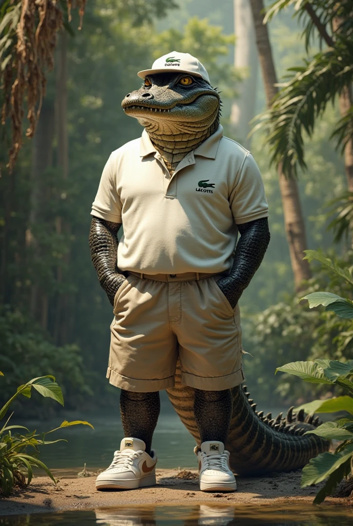 (Best Quality,4k,8k,High resolution,masterpiece:1.2),ultra detailed,realist:1.37,Huge hairy and muscular crocodile in white shirt,shorts blancos,green crocodile skin,button down shirt,Collared shirt,shorts with pockets,fierce expression,intense eyes,sharp teeth,long tail,flaky texture,lush green garden background,robust posture,strong arms,bulging muscles,bright colors,sharp focus,natural lighting,physically based rendering,bokeh,portrait,creature,animal,artistic style in a hot spring with very little clothing