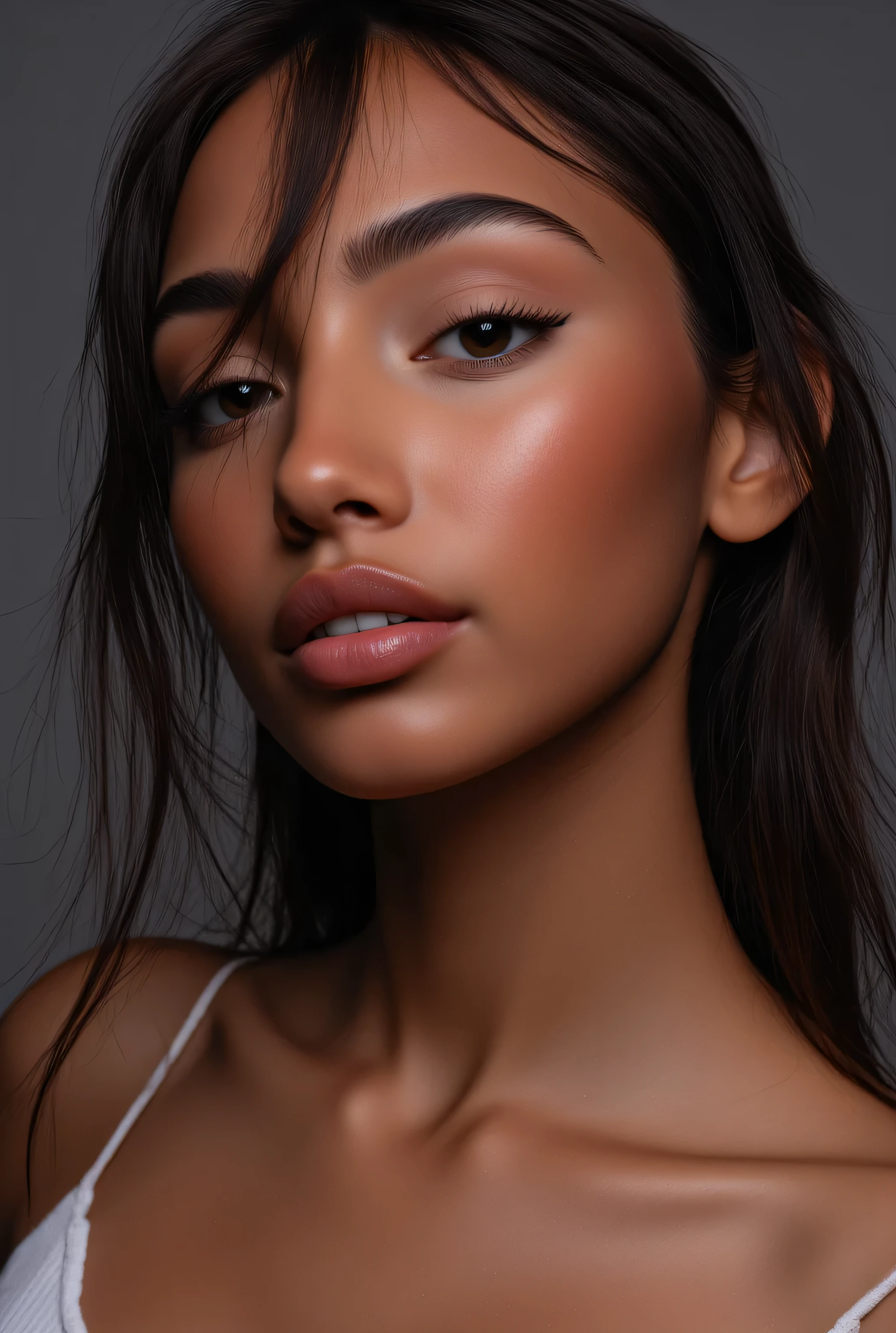 a beautiful young black woman, 22 years old, with very light brown eyes, choker cleavage extremely pretty, delicate facial features, soft flowing hair, serene expression, upper body portrait, detailed realistic painting, intricate skin texture, studio lighting, vibrant colors, high contrast, depth of field, elegant, ethereal, 8K, photorealistic, cinematic