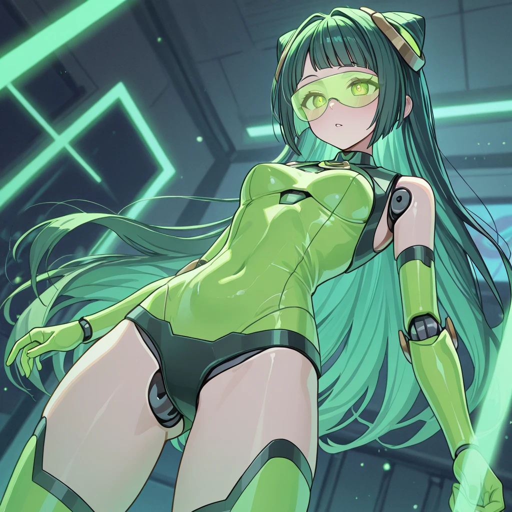 ((performing surgery on a cyborg child, with missing breasts who is lying on a table with her legs open, placing a surgical device with a yellow liquid in her pussy, growing a penis from her pussy))
