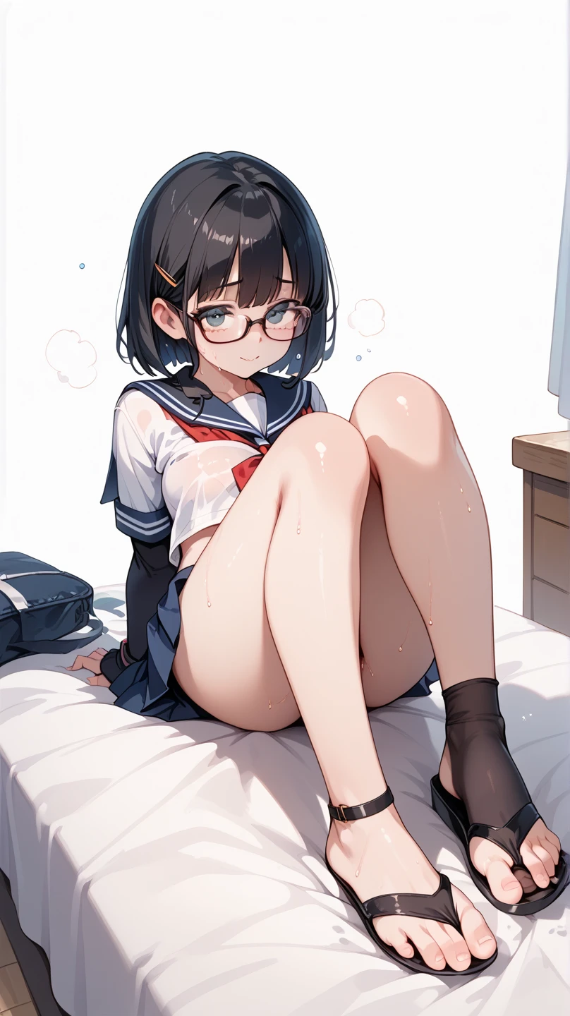 ultra-detailliert, Best Quality, High resolution, ((1girl in)), Looking at Viewer, pale skin, Petite, (a sailor suit), (Very short hair), (flat chest), (Glasses),  (blush:1.2), Blue eyes, Shy smile, NSFW, knees up、a bed、（A dark-haired）、The lower part of the body is bare、bustshot、Overhead view、show off nipple、