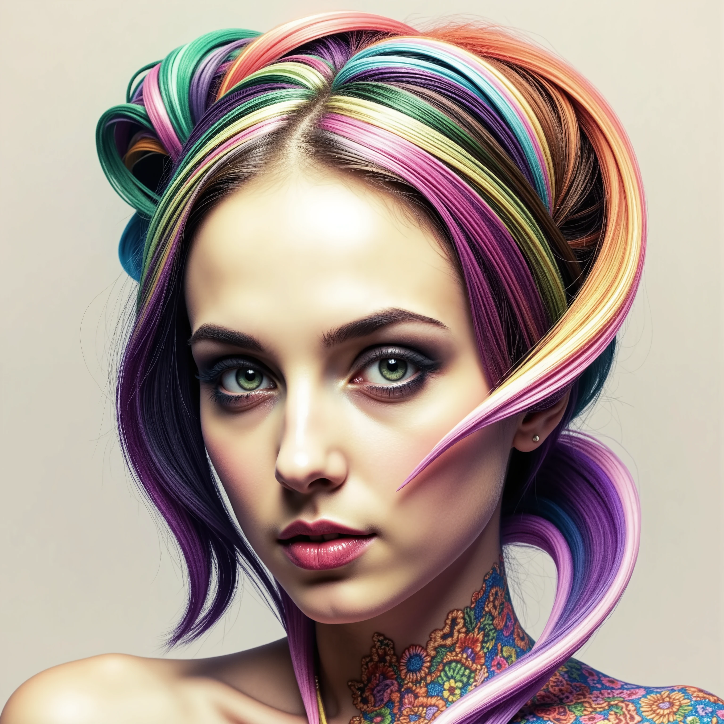 A very large spiral of multicolored light and energy comes swirling down with motion lines, sparkle, and smooth curving symmetry. From the very top of the screen to the very bottom, it twists itself around a beautiful Caucasian brunette woman wearing a mermaid style dress that comes down and opens up on the ground into a large circle around her feet. The glowing neon spiral weaves itself around her body and arms and pours out onto the ground in psychedelic patterns of light and color that contrast the colors and design of the beautiful dress which has intricate designs that have a natural feel and smooth symmetry that are aesthetically awesome.Light up the woman and dress with bright cinematic lighting, 4D mandelbulb psychedelics, glass-like underwater brightness, glossy trails of color and light, super bright fluorescent and hot neon colors, visually disorienting, hallucination inducing, optically stimulating, startling, stunning images, awe-inspiringly, best quality images and dress designs, ethereal, dream-like images, portrait photography, surrealism, photo-realistic, ultra-realistic hyper detailed, sparkle, psychedelic glowing light, reflecting light, overexposure, god rays,  backlighting, depth of field, rotational symmetry, UHD, high details, high quality, super detailed, best quality, award winning, Masterpiece. The spiral and the dress reflect light everywhere, and they are infused with glow in the dark cyberpunk paint. Super bright, super saturated neon and fluorescent Colors.** Incorporate bright neon green, neon pink, neon orange, neon blue, neon purple, neon yellow, & blood red**   Extremely bright glow and shine that sparkles and reflects!