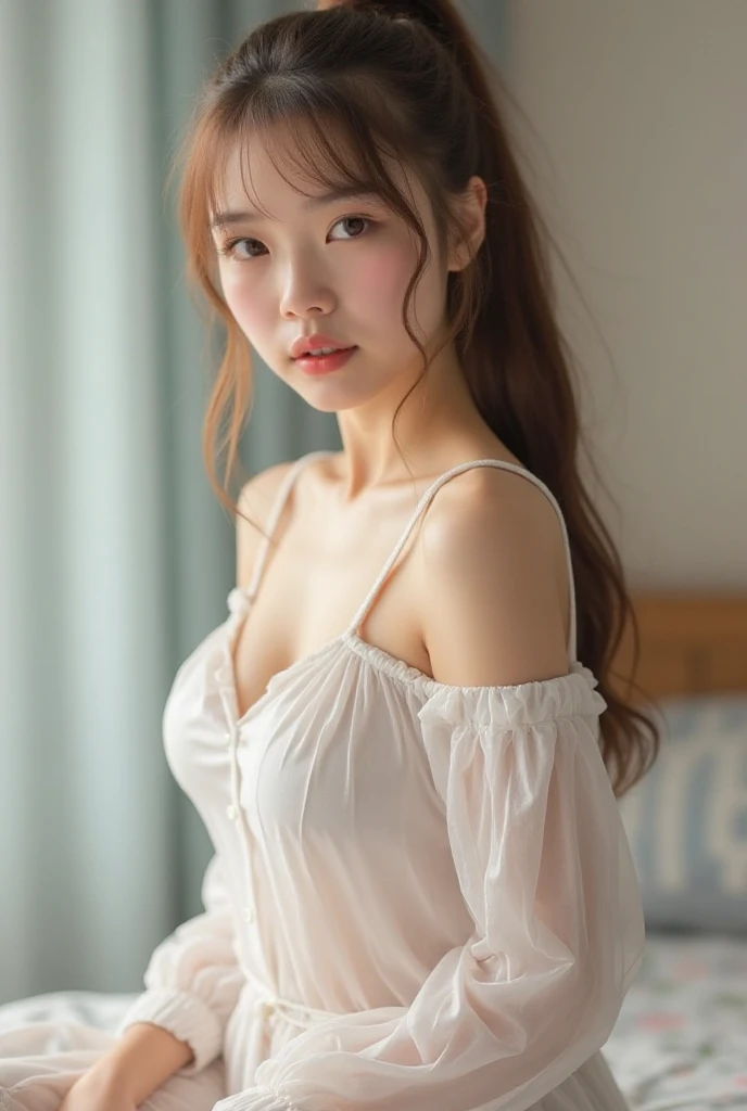 Cute Beautiful Girl、Silk Nightgown、Revealing clothing、no sleeves、((They're about to undress))、Little Goddess、detailed skin details、top-quality、photos realistic、((10 year old))、Colossal tits、on the beds、((blondehair))