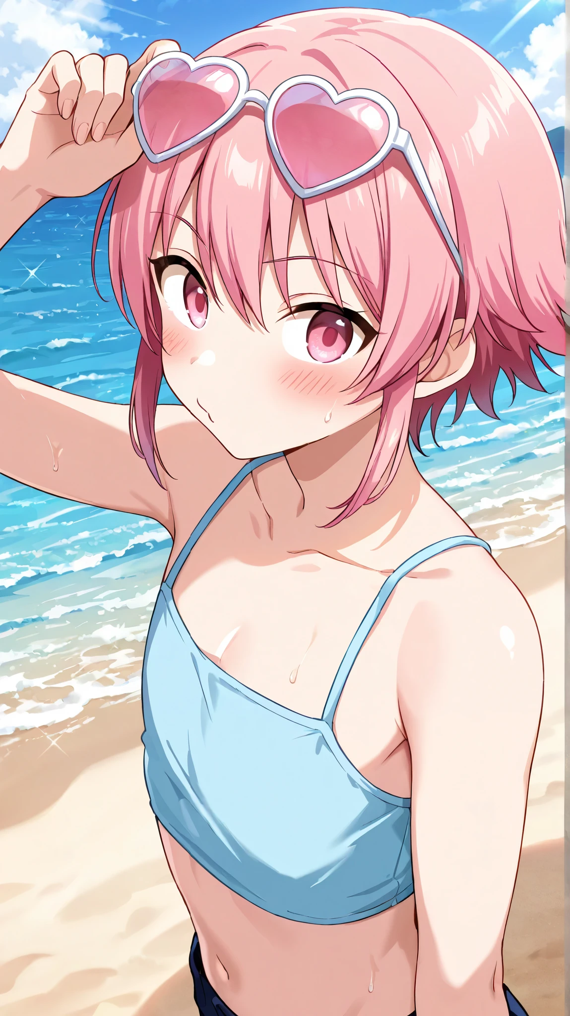 ichikanakano, Nakano Ichika, short hair, bangs, blue eyes, Hair between the eyes, Pink Hair, smile,White string bikini swimsuit,Pareo Swimsuit,Belly button,A thin long skirt is wrapped around her waist,Sandy Beachを散歩している,True Summer,Daytime,Clear skies,whole bodyがイラストに入るように,
break outdoors, Beach,Sandy Beach,
break looking at viewer, whole body,
break (masterpiece:1.2), Highest quality, High resolution, unity 8k wallpaper, (figure:0.8), (Beautiful attention to detail:1.6), Highly detailed face, Perfect lighting, Highly detailed CG, (Perfect hands, Perfect Anatomy),