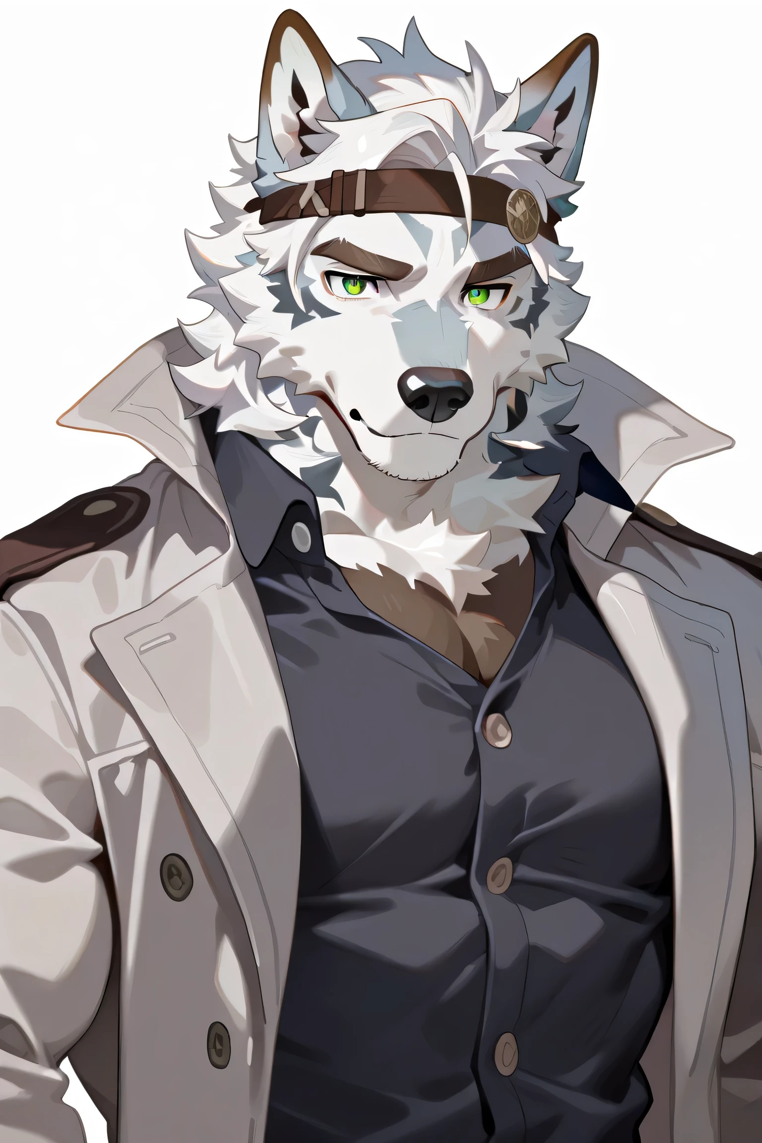 1 boy , alone, Human Furry , Wolf, blue and white fur, , dark pattern , green eyes, Scarred eyes, White hair, brown and black hairpin,Brown eyebrows,Solid , biceps 。
detective,Gray coat。
Confident Gesture,
masterpiece, are the highest quality,