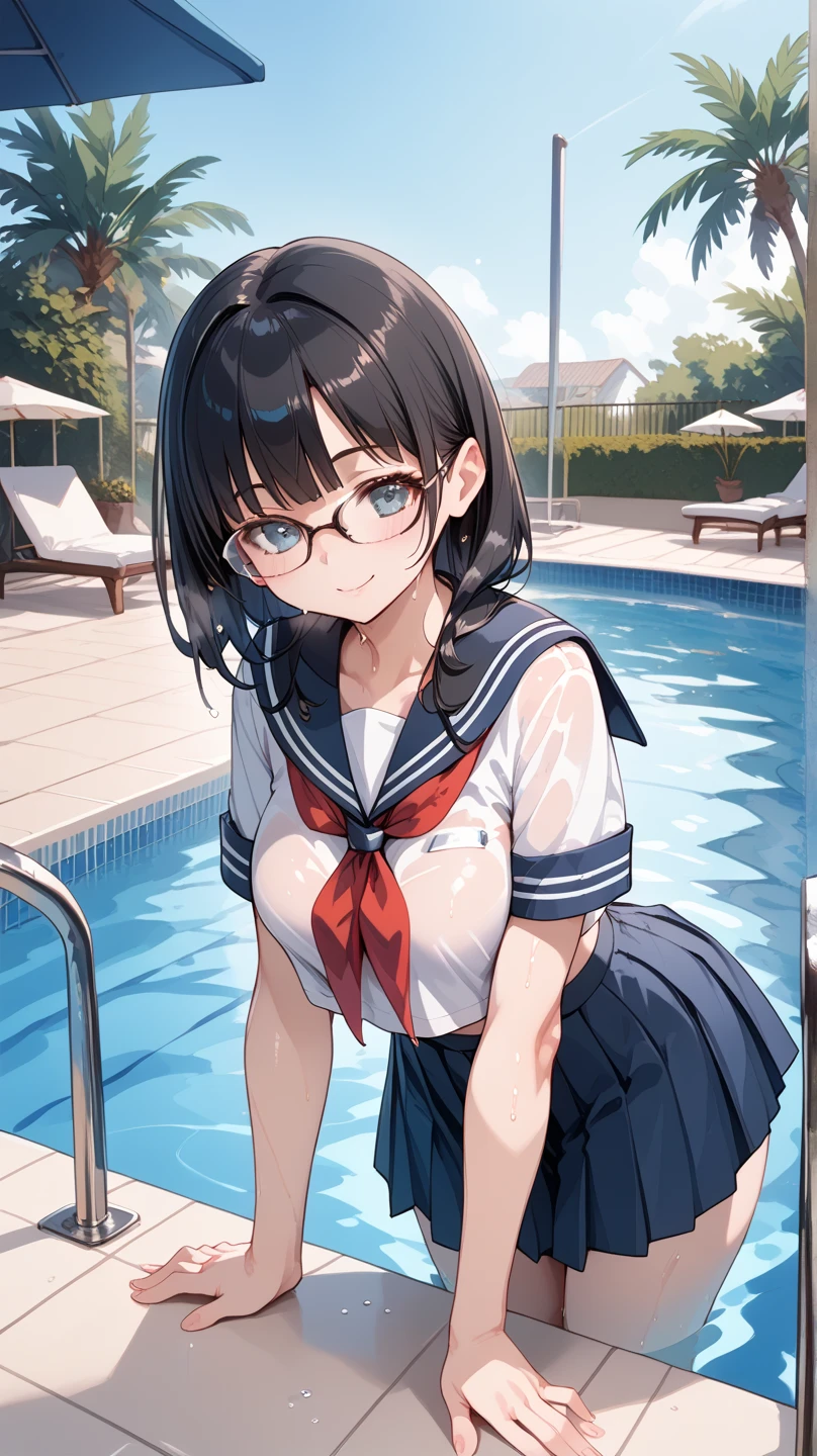 ((masutepiece,Best Quality)), hight resolution, Very detailed 8k wallpaper, Depth_In the_field, Best Shadow, (Colorful),(Delicate eyes and face), nice hand, Perfect hands, volumatic light, Ray tracing, BREAK
(1girl in), sixteen years old, hair: {Black hair, (Messy bob cut:1.2), Blunt bangs, [[Medium Hair]], (Big hair:1.2)} Purple eyes, Sharp eyes, Big breasts, slender, skinny, Happy, blush, BREAK,
(((Parted clothes at the top and bottom))), White shirt, (Sailor collar:1.2), (Red tie:1.3), (Wearing a white uniform over school swimsuit:1.2), (Close the front of the shirt), (White shirt covers the chest of the swimsuit:1.1), (Short sleeves:1.1), (Blue one-piece swimsuit:0.7), (white thighhig:1.2), lowfers, ((dark blue school swimsuit)), (swimsuit navel:1.4), BREAK,
Cowboy Shots, Looking at Viewer, bare thigh, Night Pool,Night, Ultra detailed backgrounds,