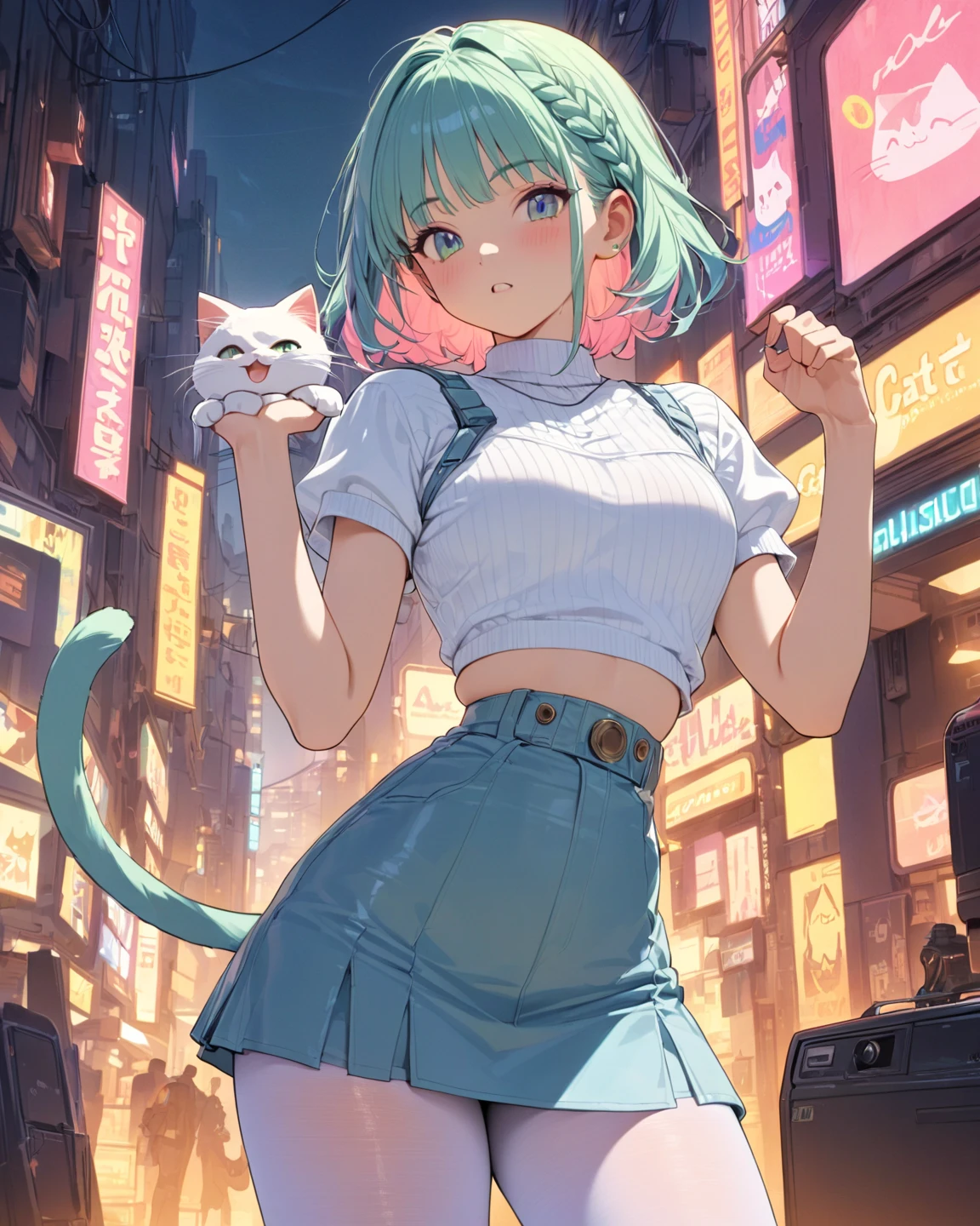 Female office worker, (kint top a white), ((tight skirt)), stockings,, mechanical knee joint, ((triangle shaped tie)), ((black pantyhose)), ((deltamon_beta:1.5)), (carrying a backpack), (a tail growing from the butt), break, short hair, ((green hair1.5)), (cat ears a green), bob cut, (((4 defined fingers))), (((1 defined thumb))), (looking at viewer), break, sexy, ((solo)), (1 woman), ((25 years old)), ((highest quality)), ((masterpiece)), (familiar), skindentation, perfect face, 8k , upper body, break, break, blue eye, beautiful princess, smile, medium breasts, perfect limbs, (visible nipples:0.7), (camel toe:0.5), sexy, (sexy pose), ((metallic costume)), (dutch angle), from below, dynamic pose, arms behind back, Inside a city building or office,