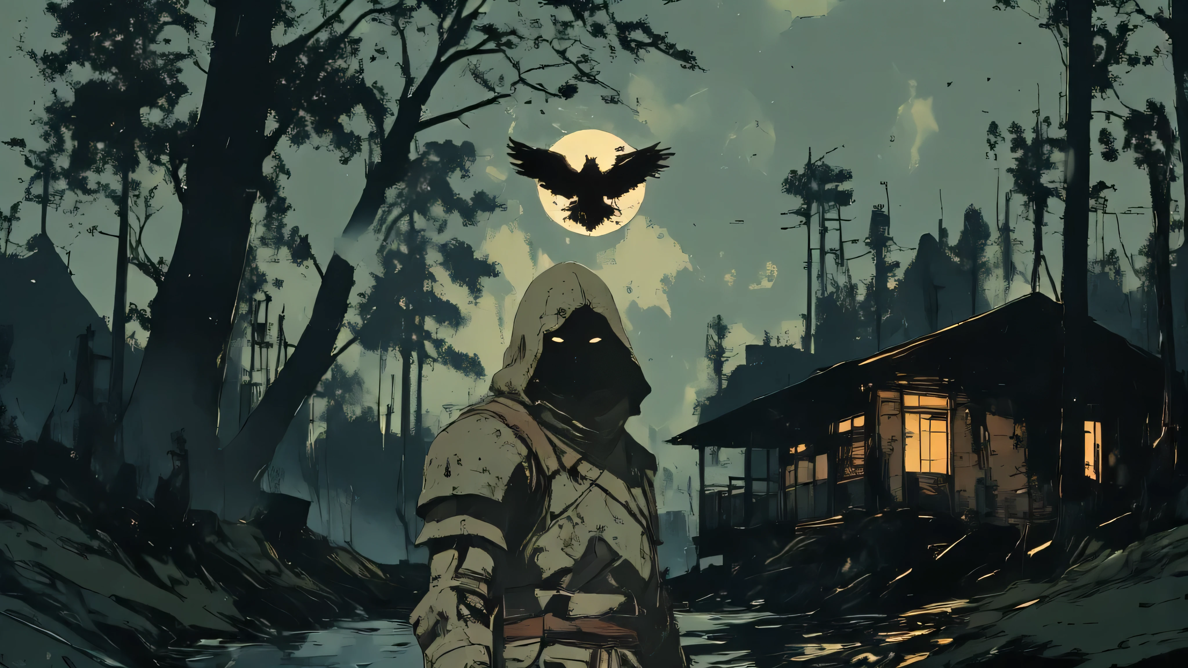 A lone young warrior in a tattered dark green hooded cloak, standing in a battle-worn stance. His face is partially shadowed, revealing intense, piercing eyes and a ruthless, determined expression. His cloak billows slightly in an unseen wind, and his battle-worn armor is adorned with scratches and dirt. He holds a large, medieval-style sword, with his hands resting on the hilt in a powerful and confident pose. His dark attire contrasts with pale skin, emphasizing his grim and hardened nature. The character is set against a transparent background. Ultra-detailed, cinematic composition, fantasy realism, dark and moody color
