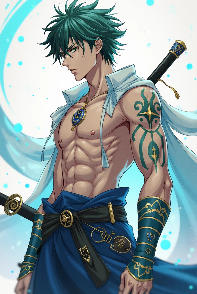 masterpiece, top quality, 1 man, man, nioh standing, turquoise brown hair, gray blue eyes, forked hair, short hair, long bangs, ponytail, handsome, handsome, masculine, gentle, tall, quiet, light blue trousers, prince. Sword. Japanese. Sit-up. Upper body bare skin. Sunset.
