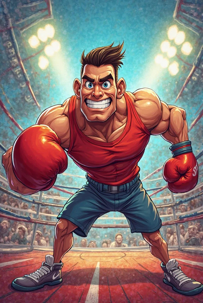 1930's cartoon pugilist mascot torso,logo in circle, boxing ring, text Liparteliani, fleischer studios cartoon