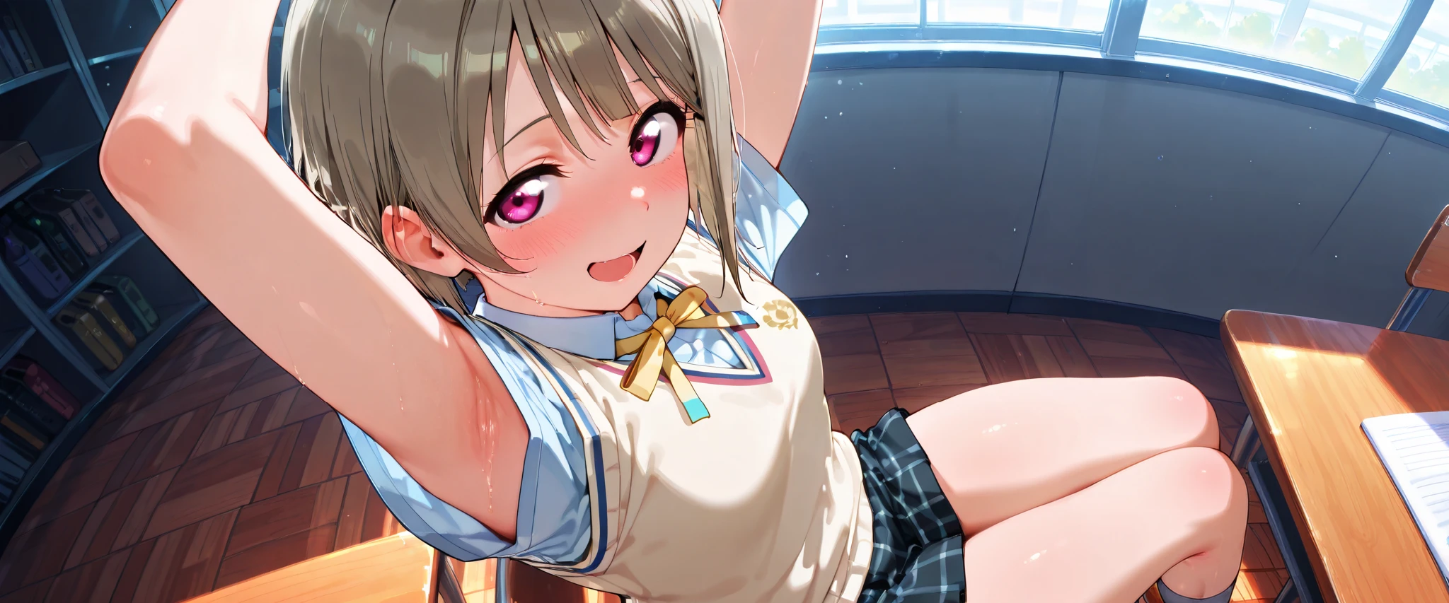 nakasu kasumi, asymmetrical hair, short hair, small breasts, single sidelock,
short sleeves, sweater vest, summer uniform, nijigasaki academy school_uniform,
,BREAK, armpit, arms over head, focus on armpit,
smile, ,scorn,open mouth, (cheerful),looking down at viewer,\(red blush\), embarrassed,
BREAK,
,sitting,sitting on cheir, looking at viewer, face closeup, fisheye,
from side,show armpit from short sleeves,from above,
((masutepiece,hight resolution)), masutepiece, Best Quality, , absurderes, Perfect Skin, Detailed skin texture, ultra-detailliert, 8K, Intricate details, beautifull detailed face,hight resolution, 1girl ,from front,
indoors,class room