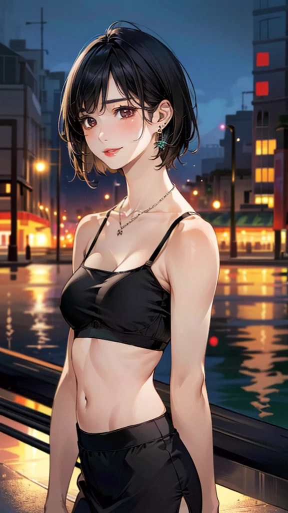 (masterpiece:1.3, top-quality, ultra high res, ultra detailed), (realistic, photorealistic:1.4), beautiful illustration, perfect lighting, natural lighting, colorful, depth of fields, surrealism,
beautiful detailed hair, beautiful detailed face, beautiful detailed eyes, beautiful clavicle, beautiful body, beautiful chest, beautiful thigh, beautiful legs, beautiful fingers, shiny skin, babyface,
looking at viewer, 1 girl, ushijimaiiniku, 19 years old, sexy idol, (perfect anatomy, anatomically correct, super detailed skin), cute and symmetrical face, perfect face, perfect eyes, perfect fingers,
(short hair, lob hair, black hair), bangs, grey eyes, big eyes, long eyelashes, (large breasts, seductive thighs), , outstanding style,
detailed cloth texture, camisole, miniskirt,
(beautiful scenery), summer, evening, (riverside), walking, (lovely smile, upper eyes, parted lips),