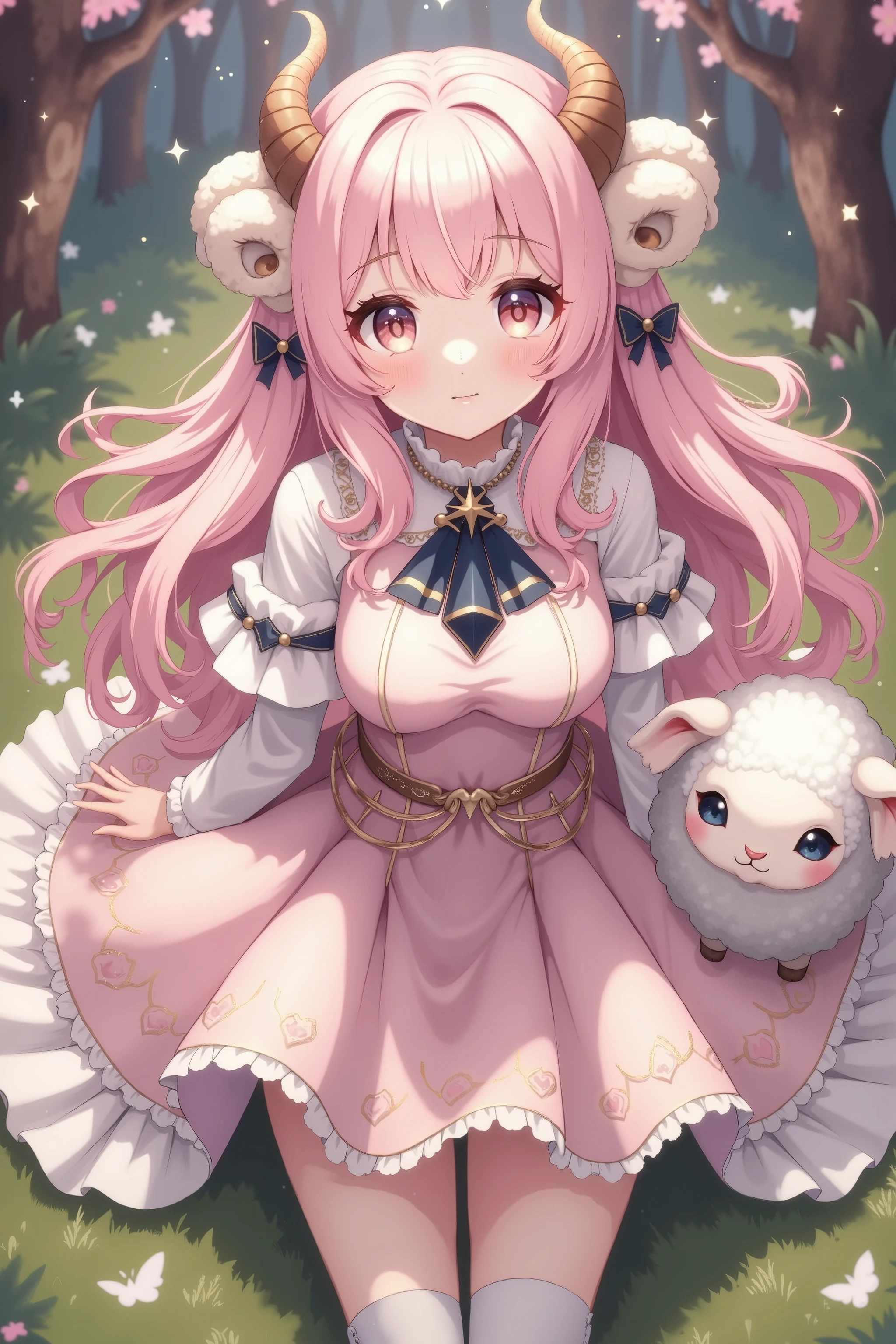 (masterpiece,best quality:1.2),solo,a elegant woman\(big eyes,sparkling eyes,details of eyes,thick eyebrows,long fluffy hair,soft pink hair,elegant hair,small sheep circle horns attached on her head,light brown sheep horns\),details of girly clothes\(fluffy soft pink dress,dark blue diamond accent,gold gold line pattern on bottom,short socks,and pink low heels\),BREAK,her happy fun expression,beautiful cut,reflection light of clothes,fantasy world,BREAK,a cute sheep with her,background blur,[[hologram elements]]