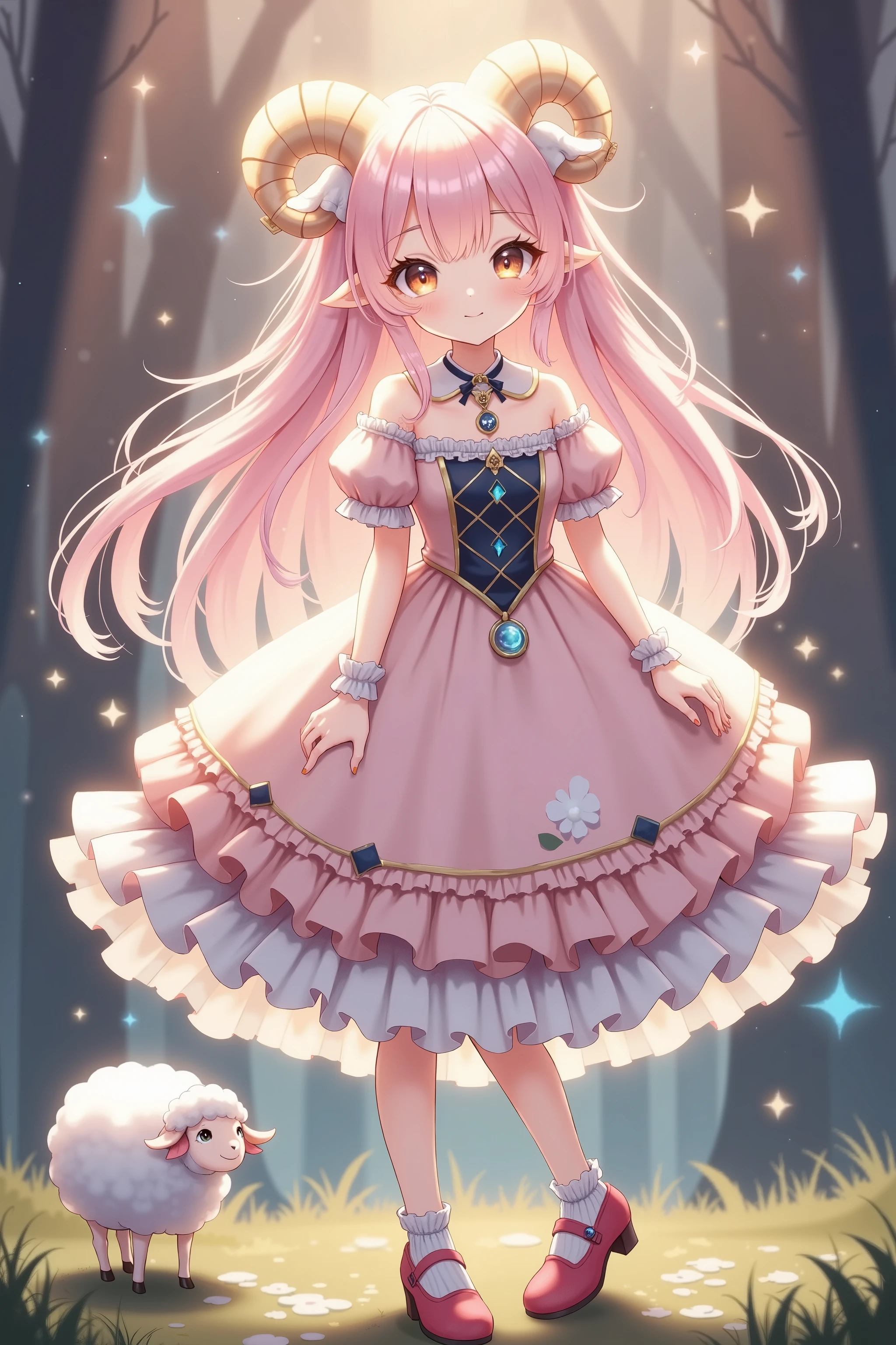 (masterpiece,best quality:1.2),solo,a elegant woman\(big eyes,sparkling eyes,details of eyes,thick eyebrows,long fluffy hair,soft pink hair,elegant hair,small sheep circle horns attached on her head,light brown sheep horns\),details of girly clothes\(fluffy soft pink dress,dark blue diamond accent,gold gold line pattern on bottom,short socks,and pink low heels\),BREAK,her happy fun expression,beautiful cut,reflection light of clothes,fantasy world,BREAK,a cute sheep with her,background blur,[[hologram elements]]