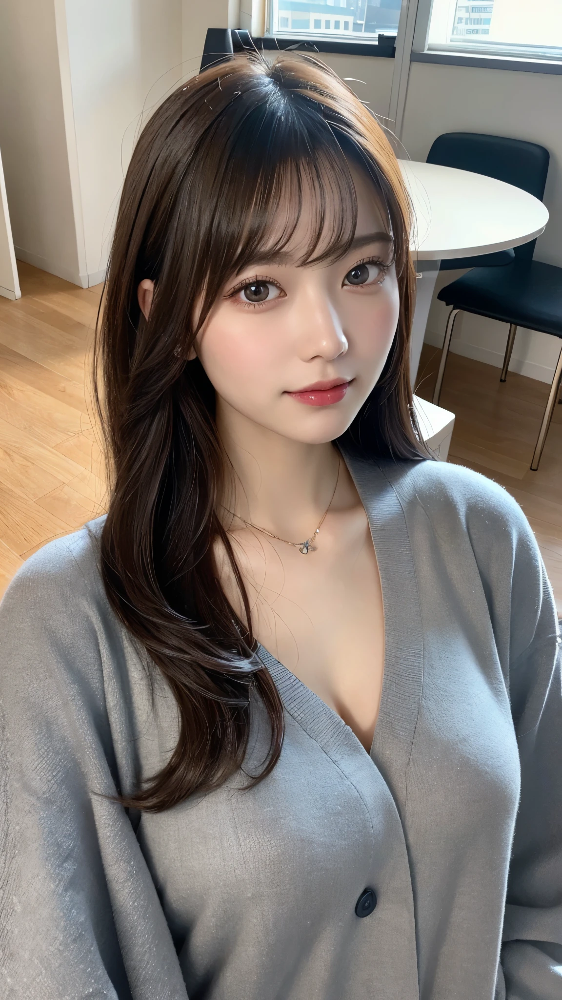 tabletop, best quality,, ultra details, fine-details, high resolution,1 girl,breast out, standing alone, twintails, large breast out, looking ahead at viewer, necklase, blossom print, he used to smile, eyes browns, partially unbuttoned, gaping mouth, blush, Inside the house, chemise, bangss, collared chemise, earrings, trunk, teeths, unbuttoned, buttons, jewelery, clock, long sleeves, Blurry, pijamas, blackboard, sitting down, upper teeths only, unbuttoned chemise、nogizaka、beautiful black eyes:1.３、17 yr old 