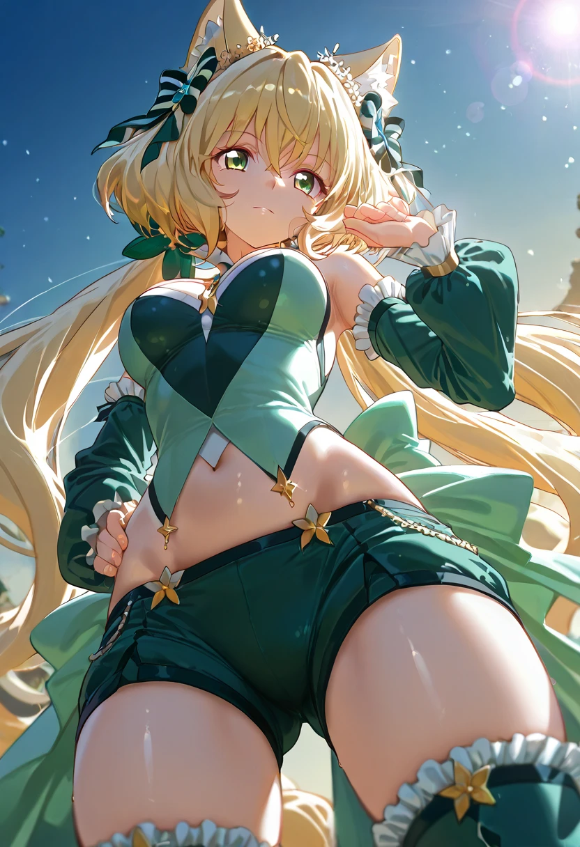 masterpiece, best quality, extremely detailed CG unity 8k wallpaper,((Upper Body)) ,((Upper Body head close-up shot of a beautiful little girl)), , Elegant Long straight blonde hair, (Mckenna Grace), ((gigantic breasts,Plump,Thick thighs,Autoluminescence skin)),Transparent (yellow-green) golden (Glittering tutu,long Bunny Ear Headgear, , Bow-tie, No panties, genitals visible), ((,spread legs)),(from below), (Blush), , (seductive smile), (A world of ice and snow), pretty face, key art, award winning, intricate detail realism hdr, by (ruan jia and artgerm and range murata), Photorealism, Hyperrealism, ultra realistic, dramatic light, intense shadows, gorgeous view, depth of field