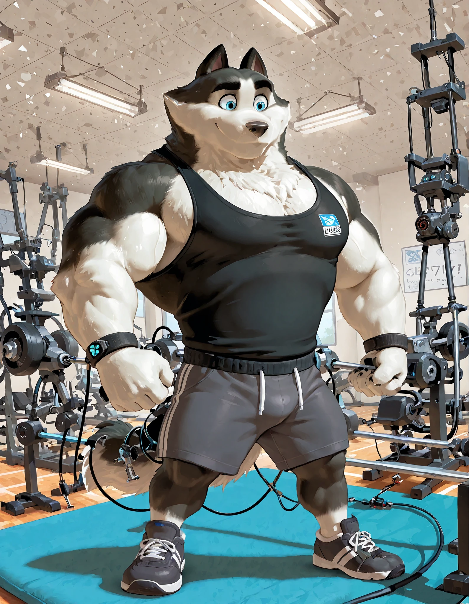 Duke (Arctic Dogs), anthro dog, black fur, white fur, male, blue eyes, high quality, full body, focus on chest workout, Cable Crossover Machine, Cable Fly Machine, solo, gym background, thick arms, muscular, black tank top, dark gray gym shorts, gym shoes, cable crossover row, working out,