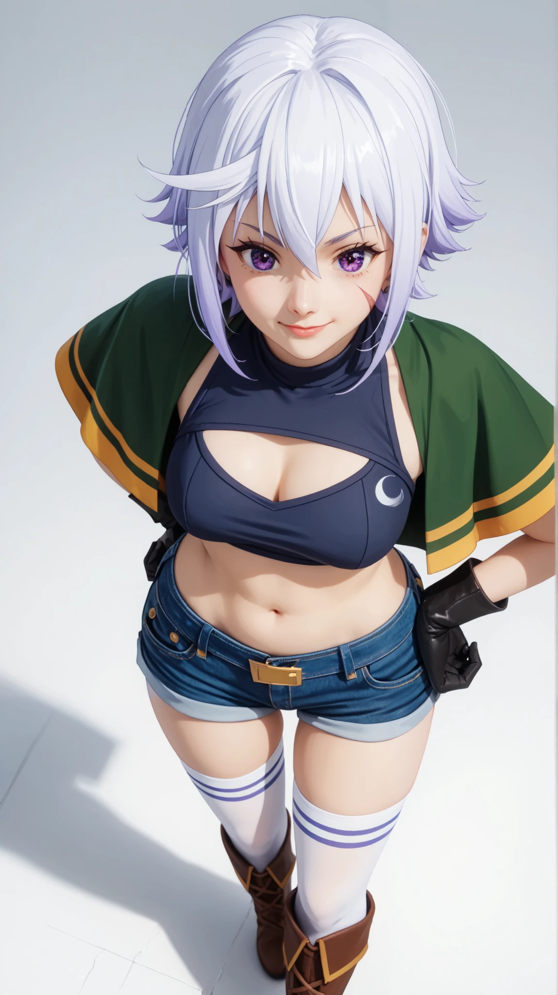 Puntuación 9, Puntuación 8, Puntuación 7. Chris from KonoSuba, Konsubáeris, Eris, short white hair, vibrant purple eyes, signature scar. She is wearing a dark blue crop top, denim shorts with gold trim, black gloves, white thigh-high stockings, and brown boots. She has a confident smirk while resting one hand on her hip and the other near her chin in a teasing manner. The perspective is dynamic, viewed from above, creating a strong sense of depth. Anime-style, cel-shaded shading, clean linework, soft lighting, white gradient background, high detail, ultra HD, masterpiece --ar 16:9 --v 6 --style raw --q 2 --stylize 750