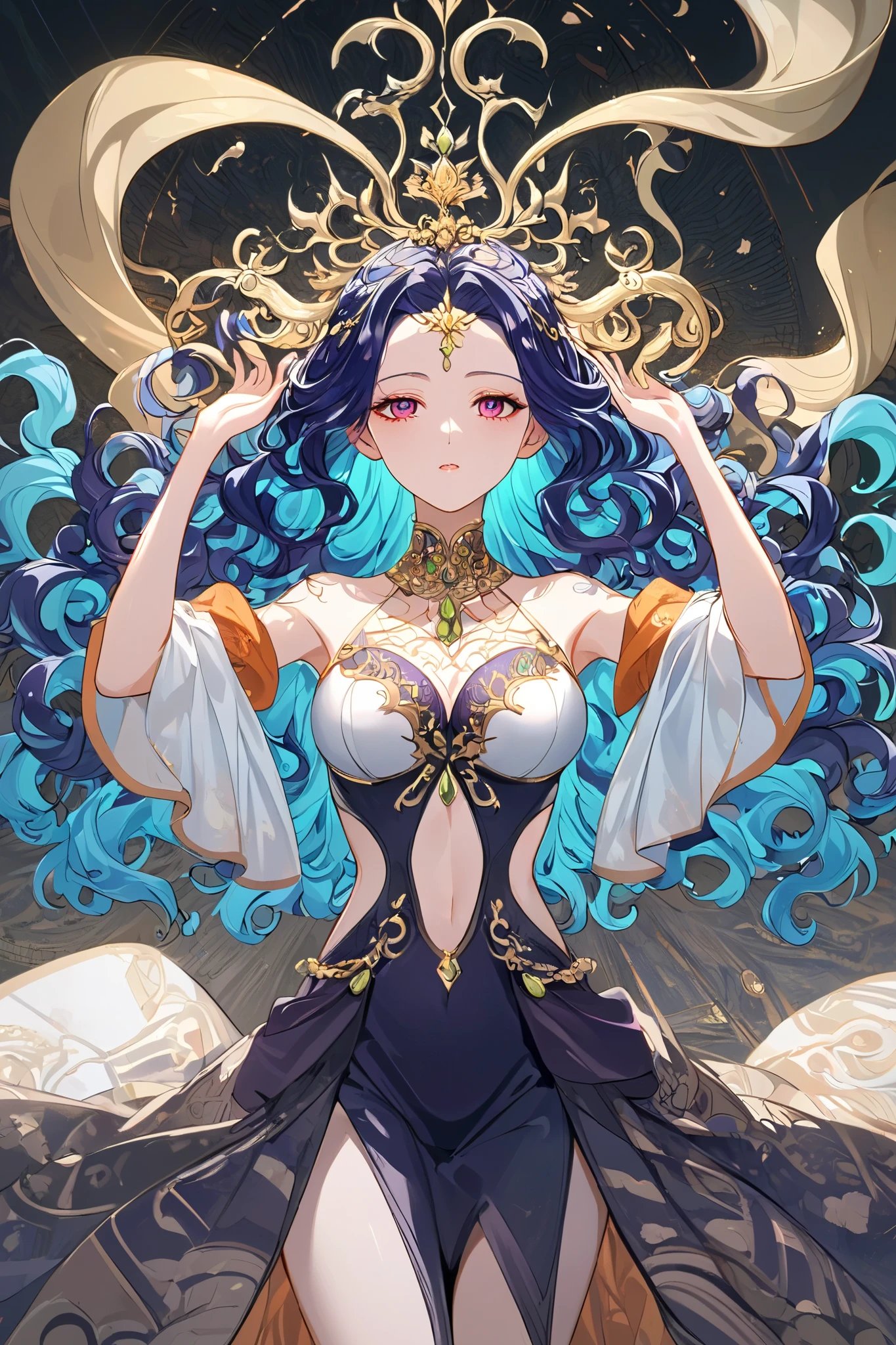 Dark elegant, Girl in a beautiful dark purple outfit with wavy patterns, Ruby jewelry , Beautiful bright blue hair , long hair, curly and wavy , full body, Perfect Anatomy, Hands in the air creating beautiful patterns of curly leaves , ancient magic , elegant, elegant, The background is mystical with a haze in shades of black and green with orange , failed masterpiece , 8K, Intricate details, bright colors, Photo of the best quality , elegant style,