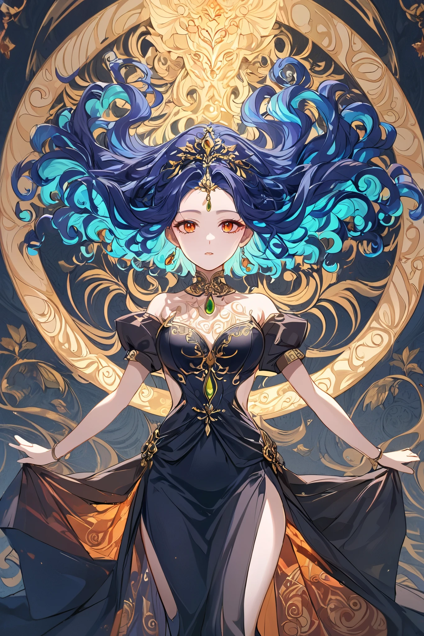 Dark elegant, Girl in a beautiful dark purple outfit with wavy patterns, Ruby jewelry , Beautiful bright blue hair , long hair, curly and wavy , full body, Perfect Anatomy, Hands in the air creating beautiful patterns of curly leaves , ancient magic , elegant, elegant, The background is mystical with a haze in shades of black and green with orange , failed masterpiece , 8K, Intricate details, bright colors, Photo of the best quality , elegant style,