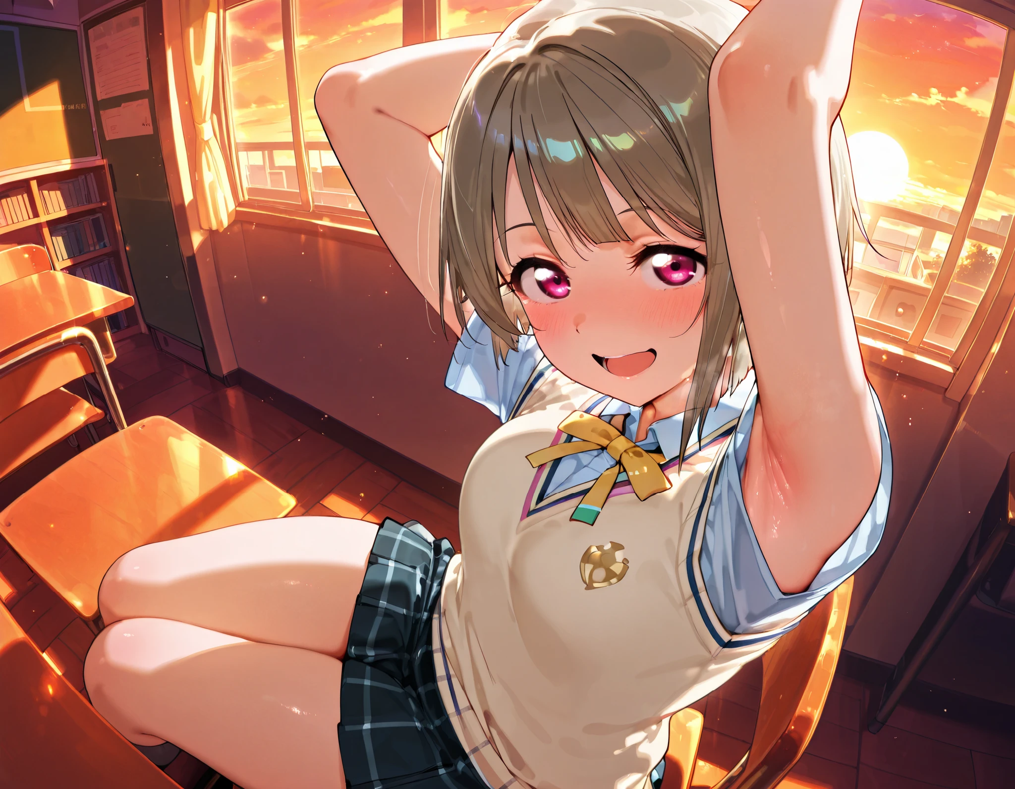 nakasu kasumi, asymmetrical hair, short hair, small breasts, single sidelock,
short sleeves, sweater vest, summer uniform, nijigasaki academy school_uniform,
,BREAK, armpit, arms over head, focus on armpit,
smile, ,scorn,open mouth, (cheerful),looking down at viewer,\(red blush\), embarrassed,
BREAK,
,sitting,sitting on cheir, looking at viewer, face closeup, fisheye,
from side,show armpit from short sleeves,from above,
((masutepiece,hight resolution)), masutepiece, Best Quality, , absurderes, Perfect Skin, Detailed skin texture, ultra-detailliert, 8K, Intricate details, beautifull detailed face,hight resolution, 1girl ,from front,
indoors,class room, evening, sunset, twilight, sunlight,