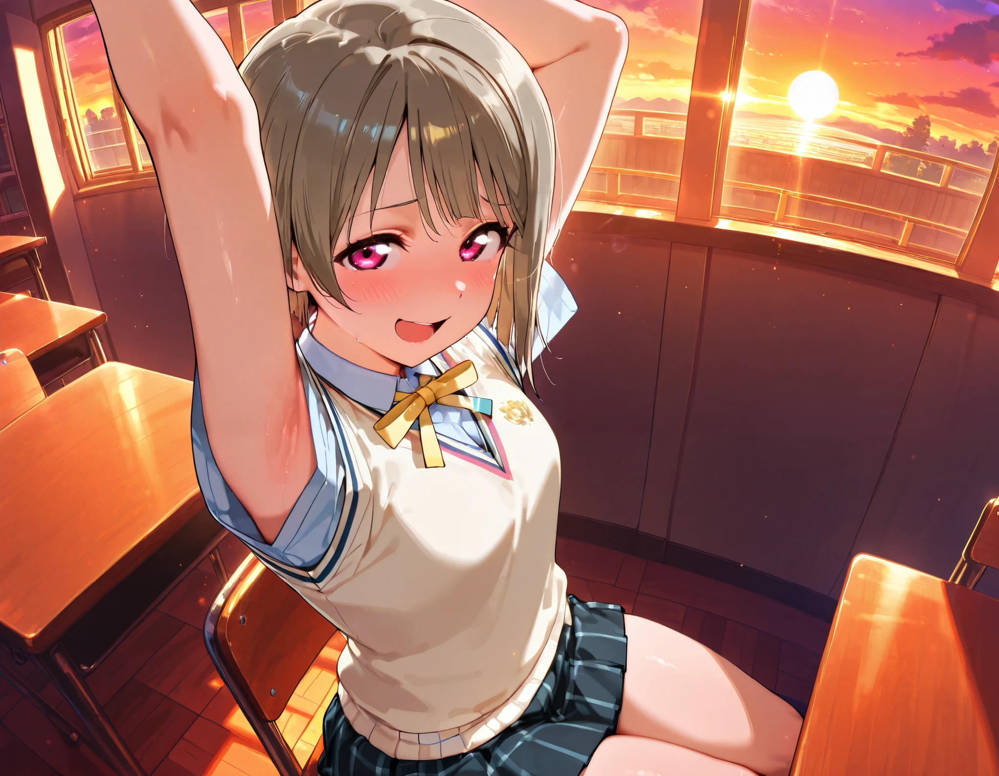nakasu kasumi, asymmetrical hair, short hair, small breasts, single sidelock,
short sleeves, sweater vest, summer uniform, nijigasaki academy school_uniform,
,BREAK, armpit, arms over head, focus on armpit,
smile, ,scorn,open mouth, (cheerful),looking down at viewer,\(red blush\), embarrassed,
BREAK,
,sitting,sitting on cheir, looking at viewer, face closeup, fisheye,
from side,show armpit from short sleeves,from above,
((masutepiece,hight resolution)), masutepiece, Best Quality, , absurderes, Perfect Skin, Detailed skin texture, ultra-detailliert, 8K, Intricate details, beautifull detailed face,hight resolution, 1girl ,from front,
indoors,class room, evening, sunset, twilight, sunlight,