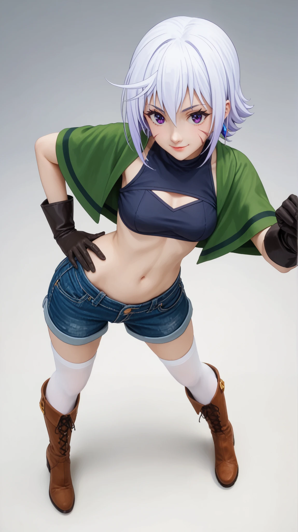 Puntuación 9, Puntuación 8, Puntuación 7. Chris from KonoSuba, Konsubáeris, Eris, short white hair, vibrant purple eyes, signature scar. She is wearing a dark blue crop top, denim shorts with gold trim, black gloves, white thigh-high stockings, and brown boots. She has a confident smirk while resting one hand on her hip and the other near her chin in a teasing manner. The perspective is dynamic, viewed from above, creating a strong sense of depth. Anime-style, cel-shaded shading, clean linework, soft lighting, white gradient background, high detail, ultra HD, masterpiece --ar 16:9 --v 6 --style raw --q 2 --stylize 750