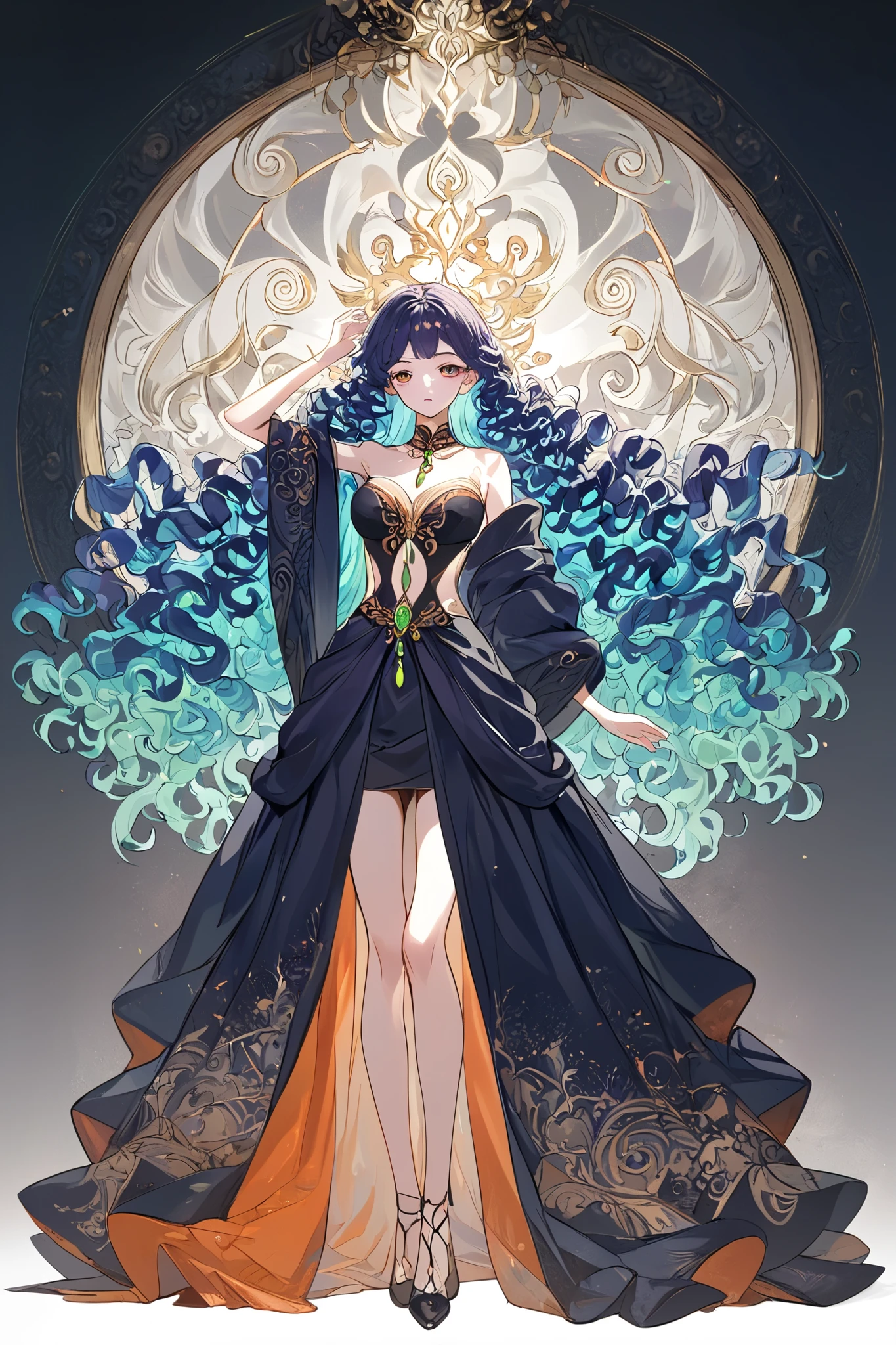 Dark elegant, Girl in a beautiful dark purple outfit with wavy patterns, Ruby jewelry , Beautiful bright blue hair , long hair, curly and wavy , full body, Perfect Anatomy, Hands in the air creating beautiful patterns of curly leaves , ancient magic , elegant, elegant, The background is mystical with a haze in shades of black and green with orange , failed masterpiece , 8K, Intricate details, bright colors, Photo of the best quality , elegant style,