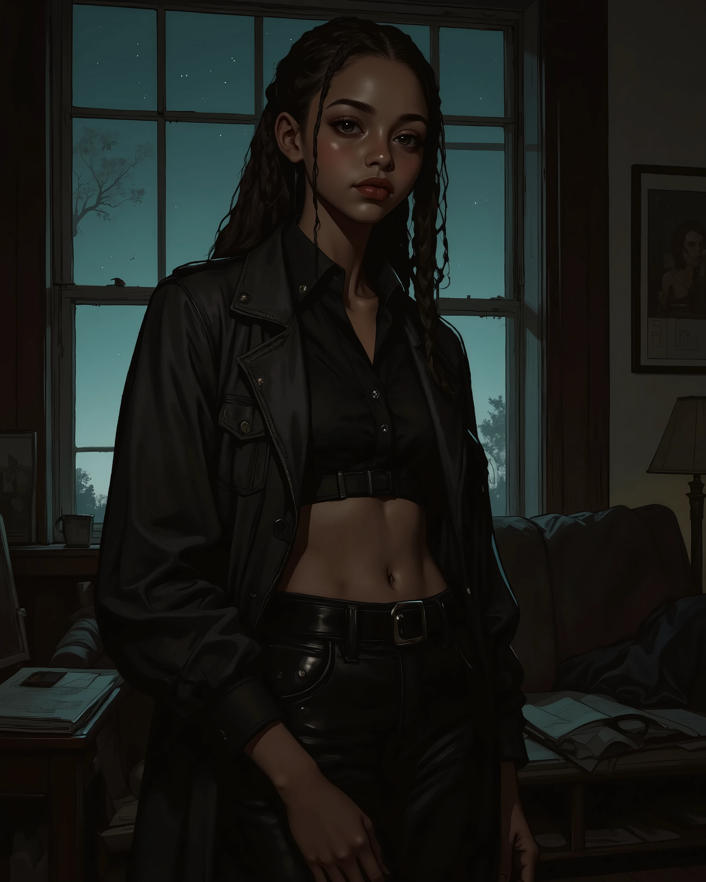 1Girl, (A girl is wearing exposes her flat abdomen, black girl with braided hair and olive eyes, very small bust and a petite body), In the living room of a house, the night is dark. dark cinematic lighting, masterpiece, best quality, digital illustration, comic book art.