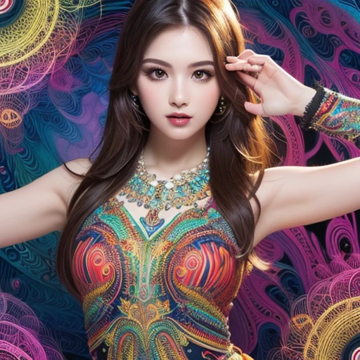 A majestic maiden stands amidst a whirlwind of colorful fractal art, her upper body showcased in stunning detail. Her traditional dress shines like polished gemstones against the vibrant, abstract background. Roses bloom around her, woven into intricate patterns with precision and beauty. The subject's skin glows with a radiant sheen, as if kissed by the sun. In a dynamic pose, she radiates confidence and elegance, bathed in a soft, golden light that highlights every aspect of this masterpiece.(masterpiece, top quality, best quality, official art, beautiful and aesthetic:1.2), (1girl:1.3), extremely detailed,(fractal art:1.2),colorful,highest detailed,(zentangle:1.2), (dynamic pose), (abstract background:1.5), (treditional dress:1.2), (shiny skin), (many colors:1.4), upper body In a striking 16K UE5 editorial photograph, Olivia Gibbs poses against a vibrant patchwork backdrop reminiscent of ancient Rome's colorful mosaics. The model wears an exquisite Haute Couture ensemble: a lavish velvet dress with intricate ruffles, complemented by a dazzling diamond necklace and earrings forming a collar. Her loose braids adorned with crystal beads shimmer in the bright sunlight, accentuating her features. Against this whimsical setting, Olivia strikes a bold pose, surrounded by blurred lines, distorted shapes, and edgy silhouettes that defy gravity. In a vibrant, swirling vortex of psychedelic art, a 1.3-meter-tall blonde-haired girl with twintails stands confidently, her eyes glowing with an otherworldly intensity. She wears oversized street-inspired clothing with graphic prints and bold accessories, exuding an air of futuristic coolness. The cowboy shot framing captures her striking figure, with the digital sculpture's 3D form seemingly bursting forth from a sea of hallucinatory visuals. Mind-expanding imagery abounds in this ultra-detailed, high-resolution artwork, a true masterpiece of innovative design and cutting-edge technology. random rainbow color