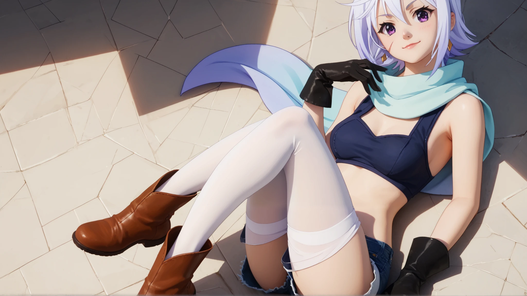 Puntuación 9, Puntuación 8, Puntuación 7. Chris from KonoSuba, Konsubáeris, Eris, short white hair, vibrant purple eyes, signature scar. She is wearing a dark blue crop top, denim shorts with gold trim, black gloves, white thigh-high stockings, and brown boots. She has a confident smirk while resting one hand on her hip and the other near her chin in a teasing manner. The perspective is dynamic, viewed from above, creating a strong sense of depth. Anime-style, cel-shaded shading, clean linework, soft lighting, white gradient background, high detail, ultra HD, masterpiece --ar 16:9 --v 6 --style raw --q 2 --stylize 750