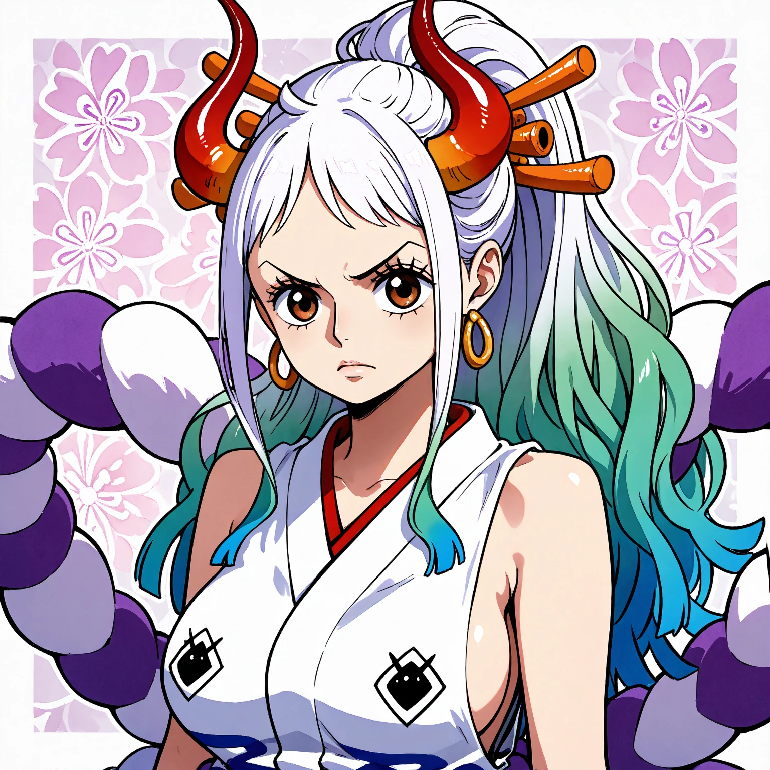 score_9,score_8_Excellent,score_7_Excellent,score_6_Excellent, yamato \(one piece\), One Girl, One Man(Arms only),Being stripped of clothes, kimono, Multicolored Hair, jewelry, Earrings, Sleeveless kimono, hair ornaments, kimono, Wrapping Angle, Long Hair, they are, Excellentper body, Confused face,?mark, rope,Shaking breasts, Spilling breasts,Huge胸,Huge ,Her nipples are sticking out from the gap., hairpin, Sleeveless,shimenawa, White Background, Mouth closed, hoop Earrings, Bare shoulders, Simple Background, ponytail