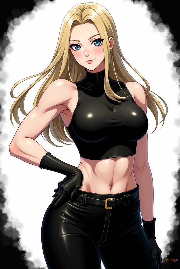 B/W, white lines, vector art minimalist illustration, crisp, smooth, monochrome design, black magic splash, in the style of Studio Ghibli,vector art,bbardot as apocalypse mercenary female, (blonde hair:1.2), bardot hairstyle, long hair, visible forehead, military gear, blue eyes, black ((black tube bra:1.1)), (black crop top), ((visible underboob)), green snake pants, large breasts,, aesthetic should be classy and elegant, black background