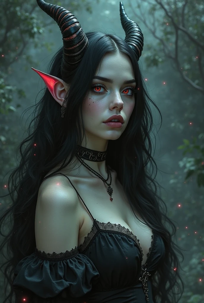 Elf as succubus without fly and black shorter clothes. light skin. Black with white highlights hair. without horns on the head. Without Horns. Sexy