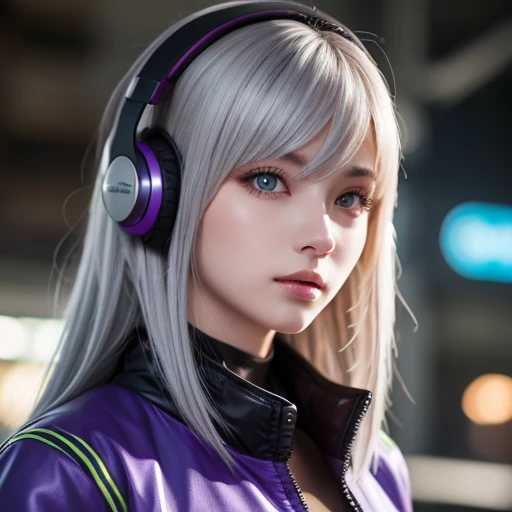 One Girl , Gray Hair, long hair, Tech Wear Masterpiece, best quality, realistic, realism, dark purple jacket, Portrait, detailed eyes , wearing a headset , Platinum Hair, 21 year old girl , fashion pose, half body, Wide Shot, from , cyberpunk