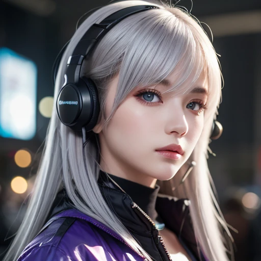 One Girl , Gray Hair, long hair, Tech Wear Masterpiece, best quality, realistic, realism, dark purple jacket, Portrait, detailed eyes , wearing a headset , Platinum Hair, 21 year old girl , fashion pose, half body, Wide Shot, from , cyberpunk