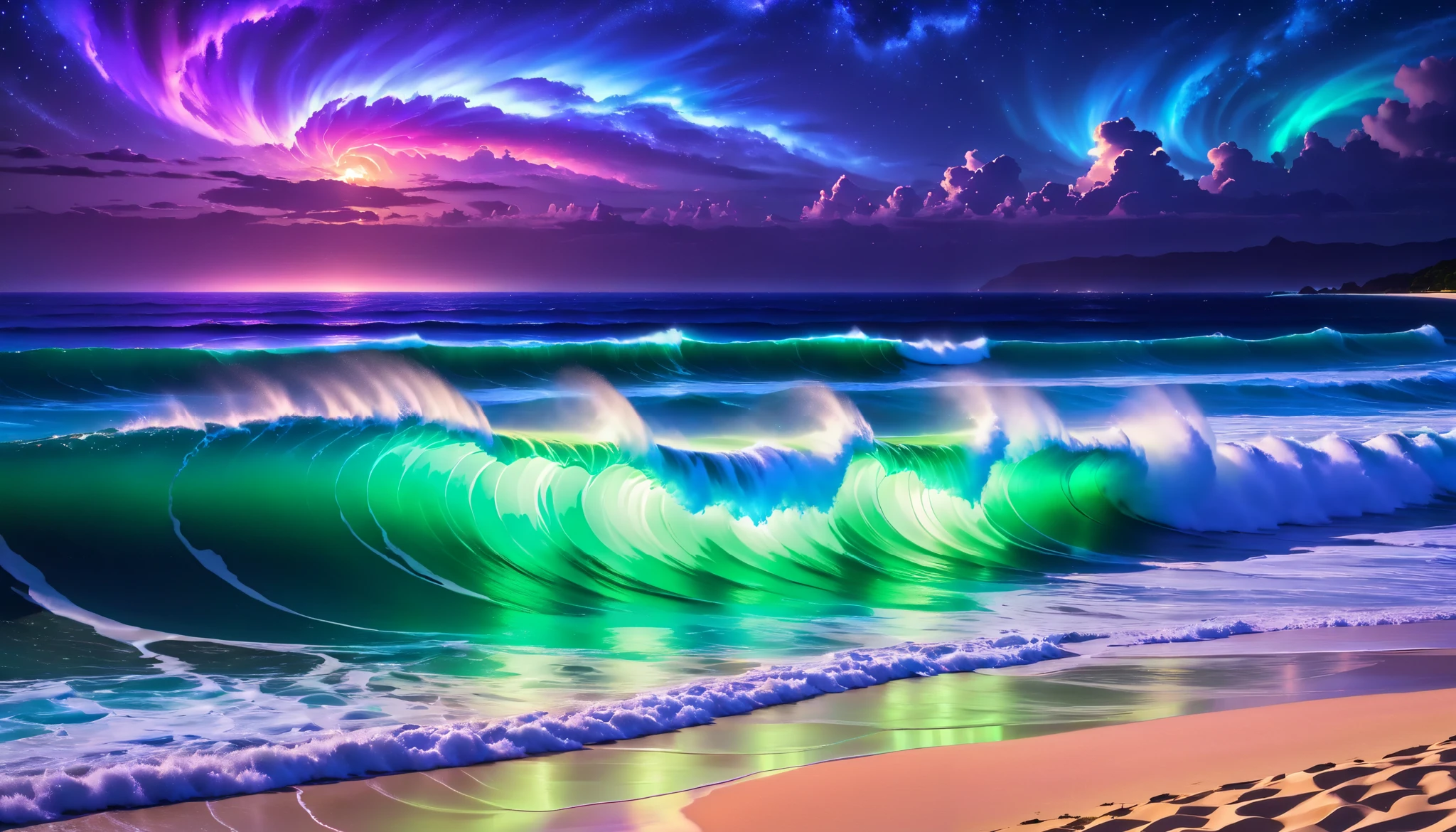 超high image quality,high image quality,high quality,Spectacular views at night,Tropical Beach, light green to bright green ,The ocean breeze is blowing,blue fluorescent beaches expand spectacular ocean views,(There are also dark purple and orange single-luminescent beaches with blue light shining over huge waves), very mysterious and beautiful ,Glowing Waves , night light appears on waves , emits ,Biofluorescence,Various microorganisms are the light source, that shines steadily , shows all kinds of light ,Glows from blue to bright blue-green、 fiery red , Ndulu Island also has 、There are also dark purple and orange single-light beaches, Maldives,The shining Milky Way Galaxy is clearly visible in the sky,big wave,