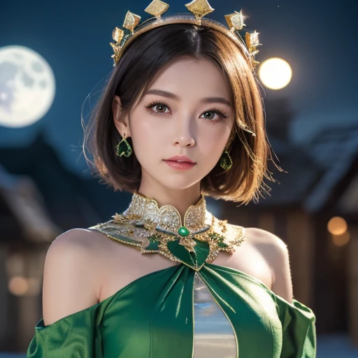 Knight , (( 1 girl)), alone, masterpiece, 8k Wallpaper, high definition, fool , High quality background, short hair while on a business trip, black hair, Multicolored Hair, Beautiful frozen village, ( Bright full moon ), green dress, detailed dress , jewelry dress, ( magic :1.2), green , green eyes, shining eyes, , Ice Goddess, (beautiful green exquisite crown ), electricity, green electricity, green light particles
