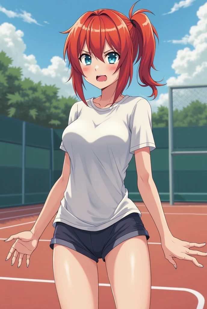 masterpiece, best quality, (colorful), lilith asami, 1girl, looking at viewer, anime coloring, anime screencap, tank top, bare shoulders, sleeveless, denim shorts, ponytail, outdoors, running track