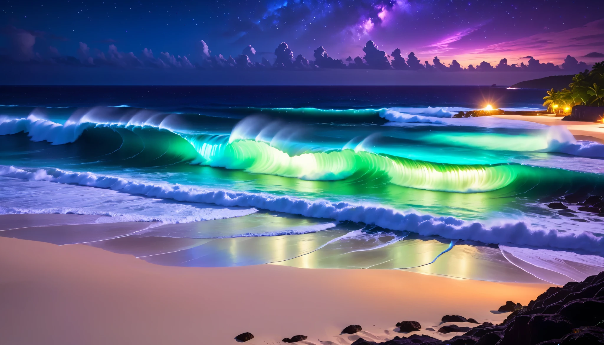 超high image quality,high image quality,high quality,Spectacular views at night,Tropical Beach, light green to bright green ,The ocean breeze is blowing,blue fluorescent beaches expand spectacular ocean views,(There are also dark purple and orange single-luminescent beaches with blue light shining over huge waves), very mysterious and beautiful ,Glowing Waves , night light appears on waves , emits ,Biofluorescence,Various microorganisms are the light source, that shines steadily , shows all kinds of light ,Glows from blue to bright blue-green、 fiery red , Ndulu Island also has 、There are also dark purple and orange single-light beaches, Maldives,The shining Milky Way Galaxy is clearly visible in the sky,big wave,