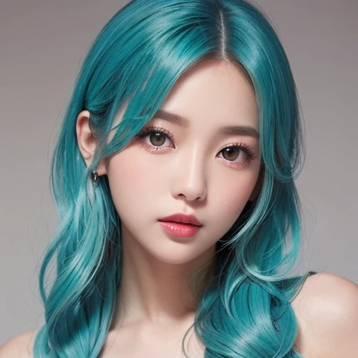   light blue hair with a slender body , Turquoise Eye,  has long eyelashes, Big Red Lips,  apricot eyes,  beauty,  Girly , Curly Hair,  princess