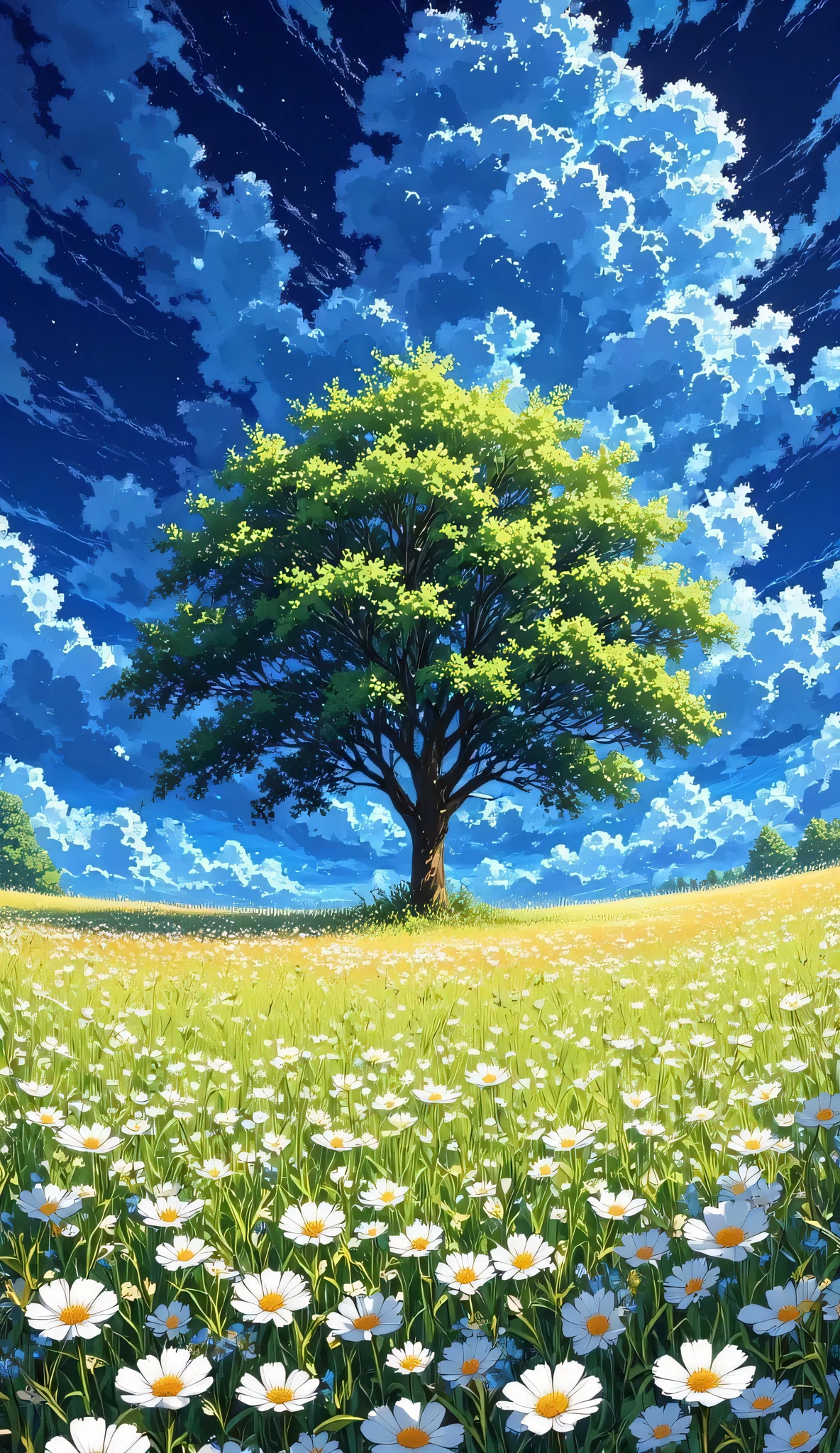 An impressive landscape a lonely dark green leafy tree casting long shadows over a lush meadow full of delicate wild flowers in shades of white, dark green grass. blue sky!!!!! with few deep blue clouds splashed with crystalline. the environment is painted in an impressive style inspired by the anime, reminiscent of the works of Makoto Shinkai, in great detail, vibrant colors and a dreamlike atmosphere.