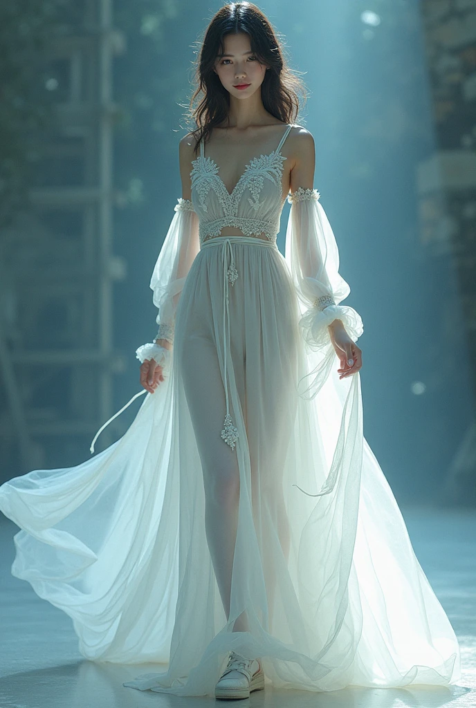 8k, Full body photo of the beautiful Leila, (Rot, complicated, Schier, TRANSPARENT, Translucent, skin-tight cloth), complicated, pretty face, Your skin should be pale and flawless, With a touch of transcendental beauty, It should express calm trust, (She stands on the bridge of an old town, (Only a hint of fog covers the destroyed city)), muito detalhado, digital hyperrealistic photography, hyperrealistic photography filigree, shyness, most beautiful face, ​masterpiece, side light, (finely detailed beautiful blue eyes: 1.2), leans forward, Full body shot